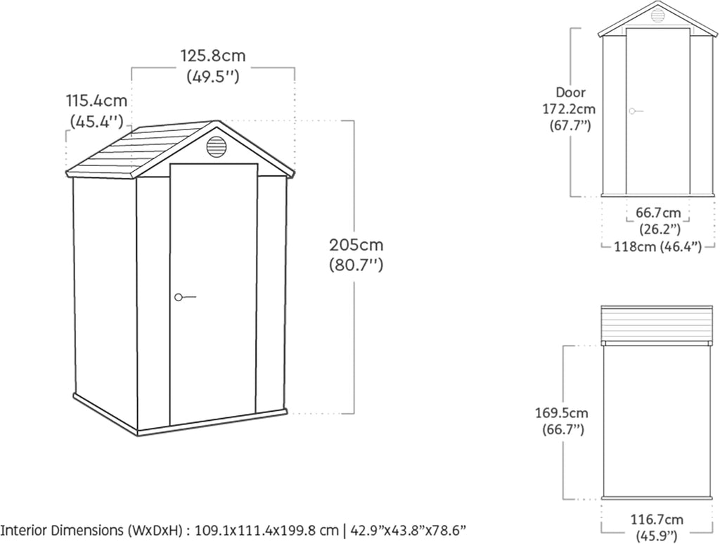 KETER Darwin 4x4 Caseta de jardín, 125.8 x 117 x 205 cm y 1.4 m2, Suelo, Sistema de ventilación, Puerta y Ventana, Resistente al Agua, Color Gris