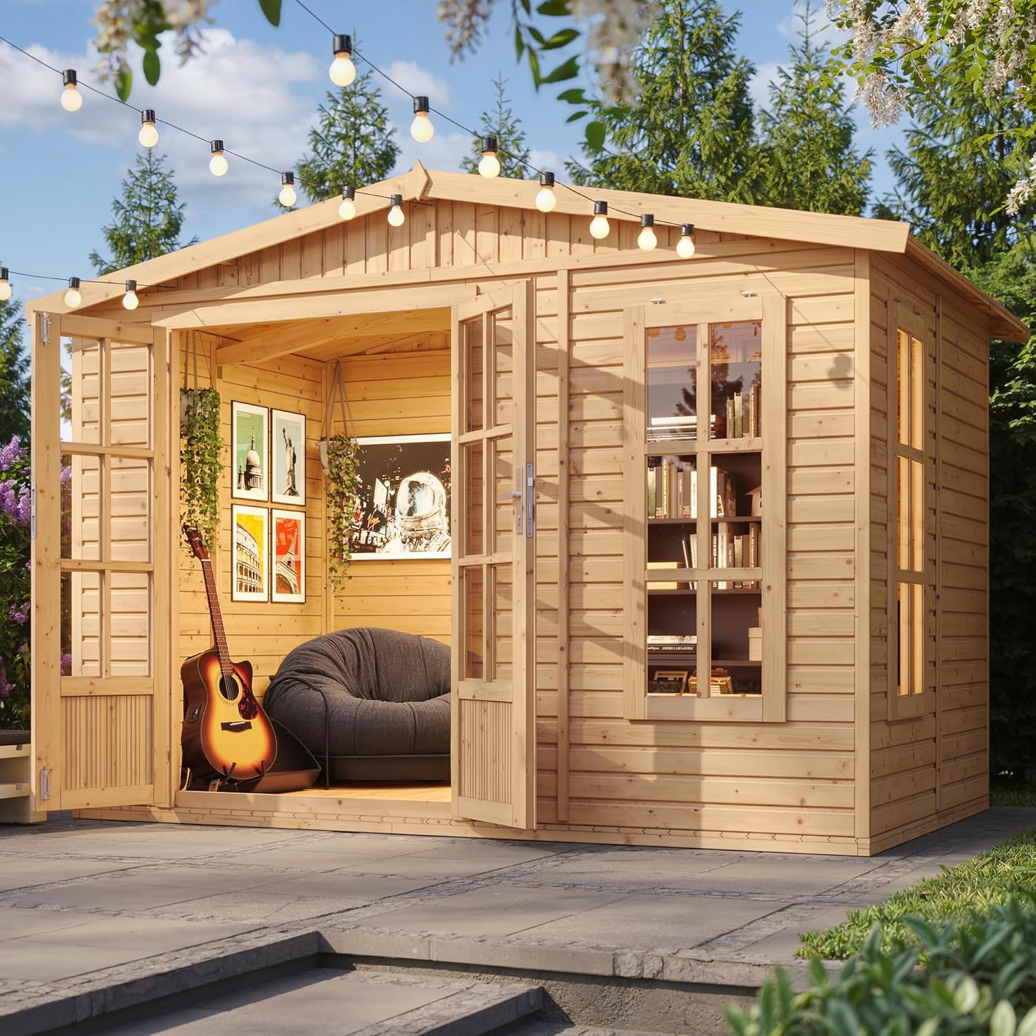 TIMBELA Caseta de jardín de Madera de 6 m2 - Cobertizo Jardin Exterior con Suelo, Ventana, Puerta Doble - Cabaña de jardín para Trabajar en casa - con Tejas bituminosas Verde M334FB+H334FBGREEN