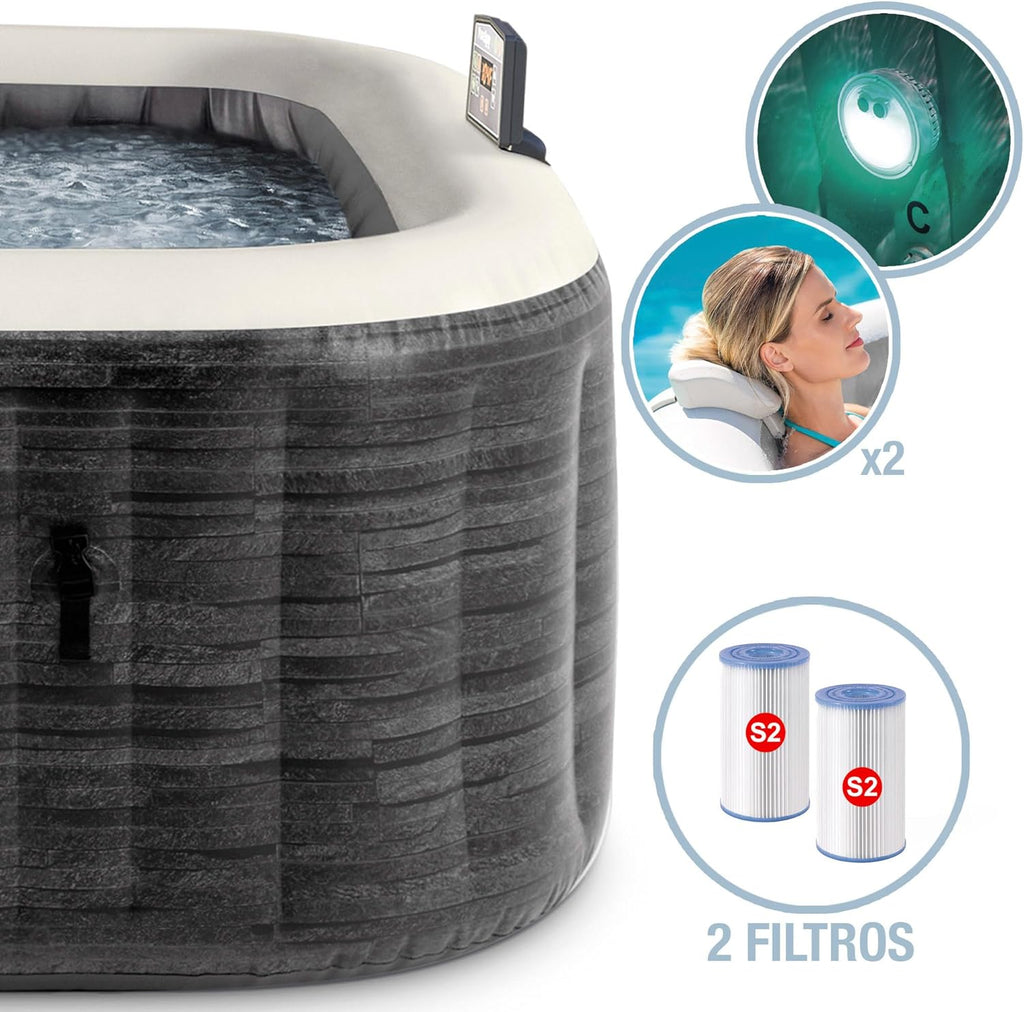 Intex Spa hinchable cuadrado Greystone Deluxe 4 personas, 175x175x71 cm, Calentador 2.200 W, Burbujas aire caliente, Clorador salino, Depuradora con filtro S2 (1.741 l/h), Accesorios incluidos (55093)