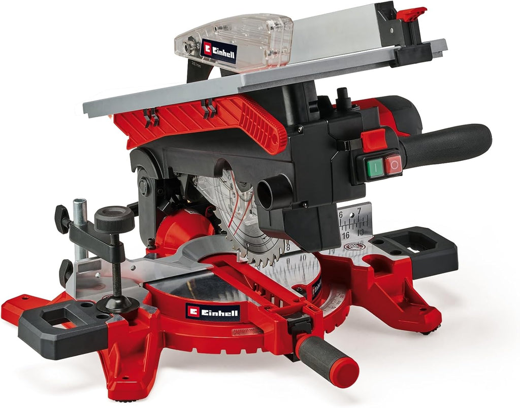 Einhell Sierra ingletadora y tronzadora y mesa TE-MS 216 T (1500W, hoja de sierra de Ø216mm, ancho de corte 120mm, profundidad 55mm, incl. láser de línea de corte, func. de sierra circular de mesa)