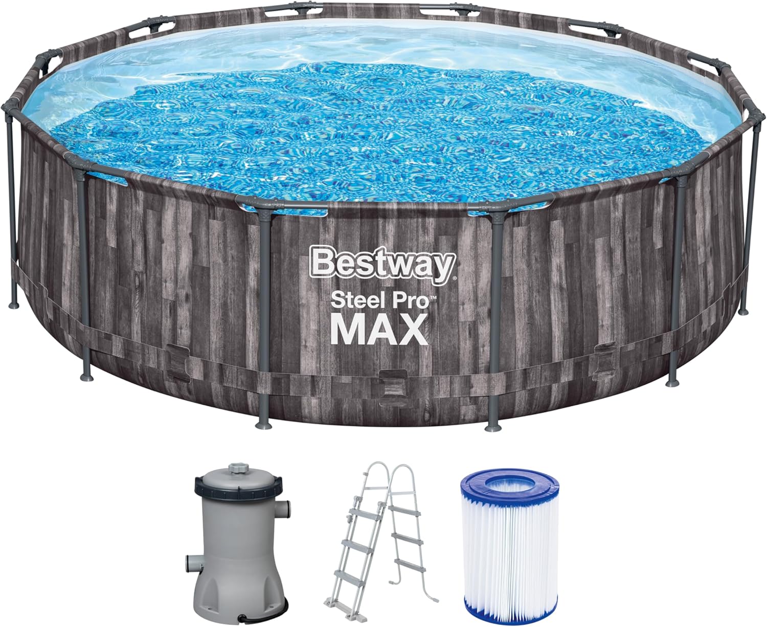 Bestway Steel Pro MAX Frame - Piscina Redonda (366 x 100 cm, Incluye Bomba de Filtro, Efecto Madera)