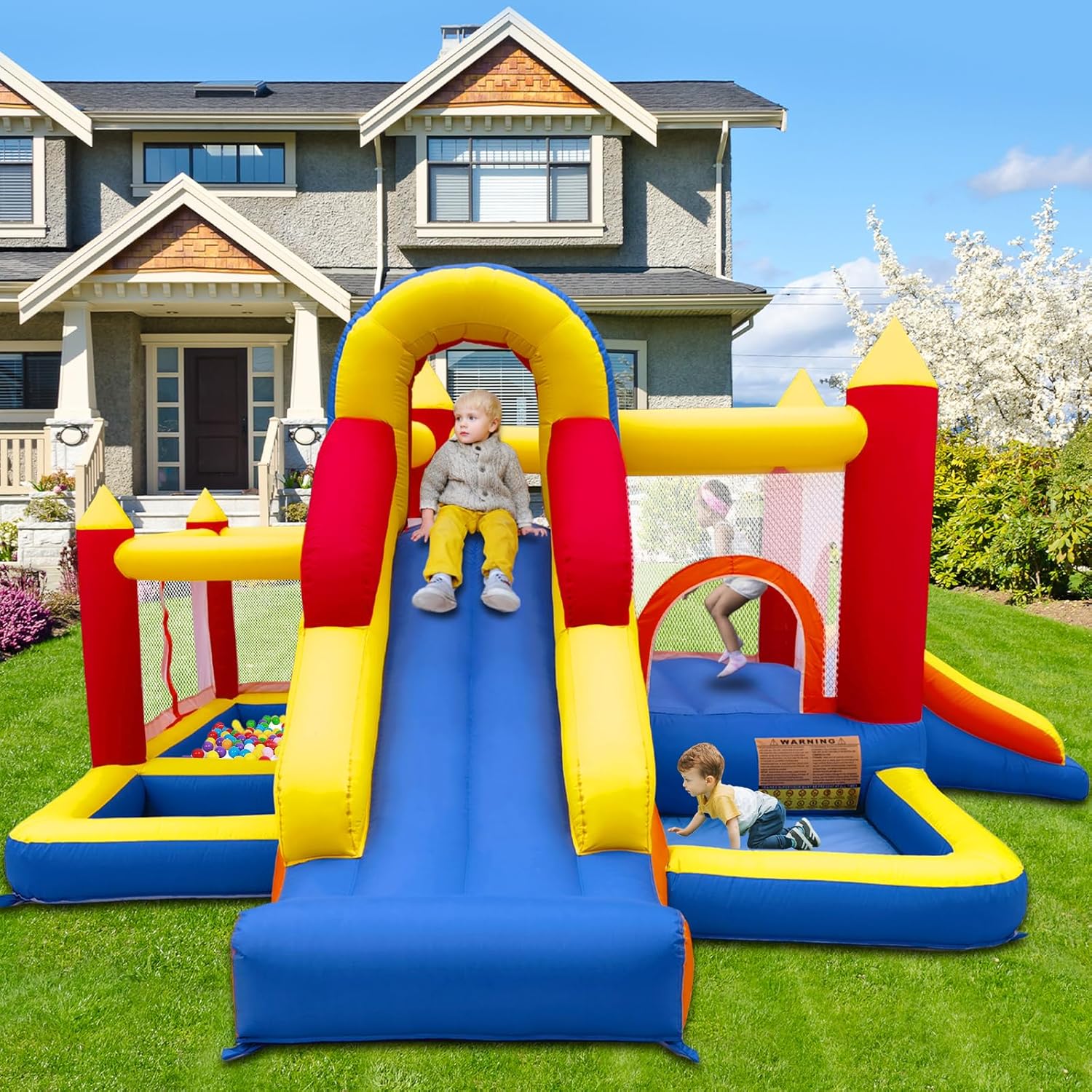 Castillo hinchable con soplador, paraíso Infantil con tobogán, para interiores, tamaño XXL, red de seguridad, certificado EN71, apto para 3-8 años