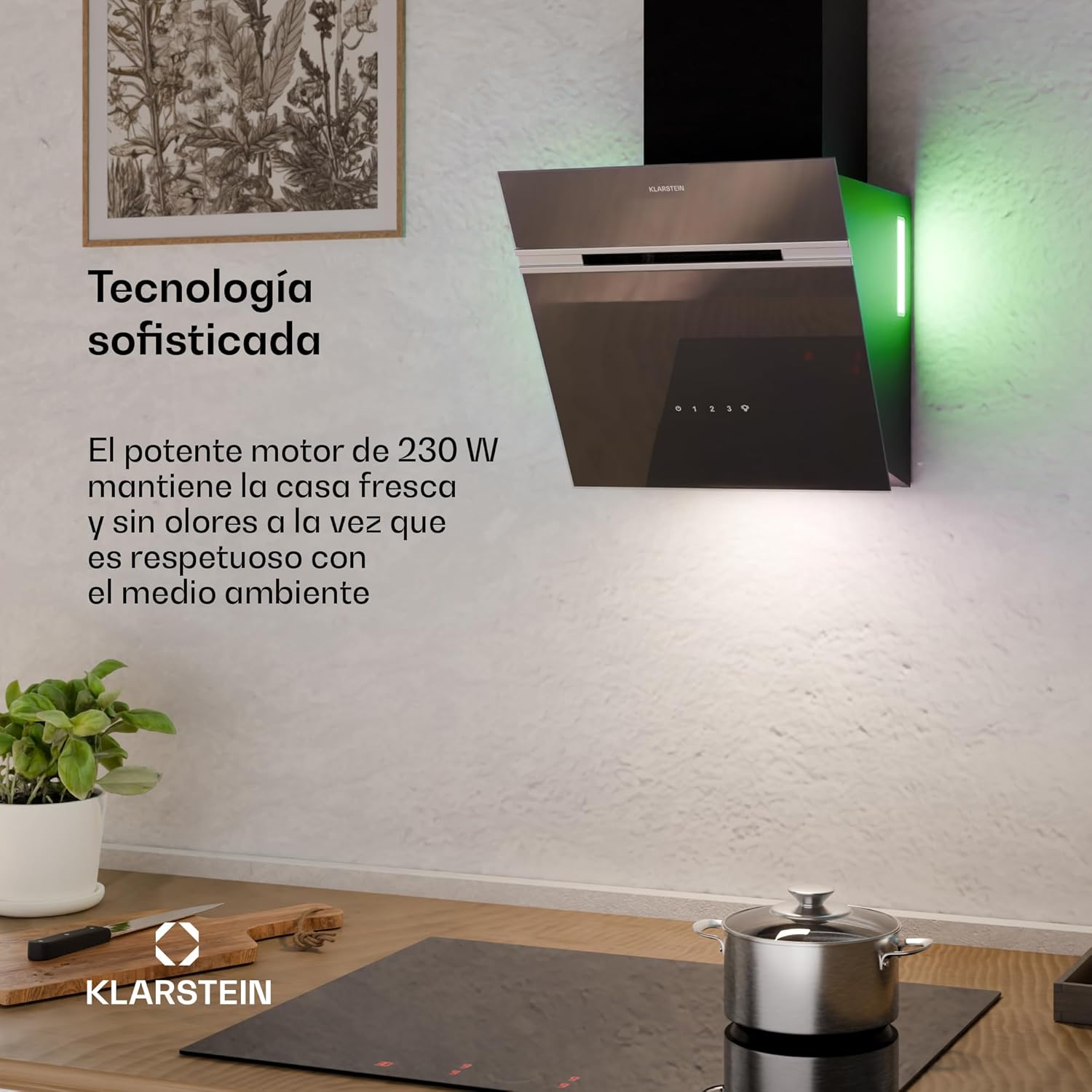 KLARSTEIN Alina Campana Extractora - 570 m³/h, Clase A, LED, 54 dB, Recirculación & Extracción, Campana Cocina Decorativa, Control Táctil, 39.8 cm Ancho, Negro