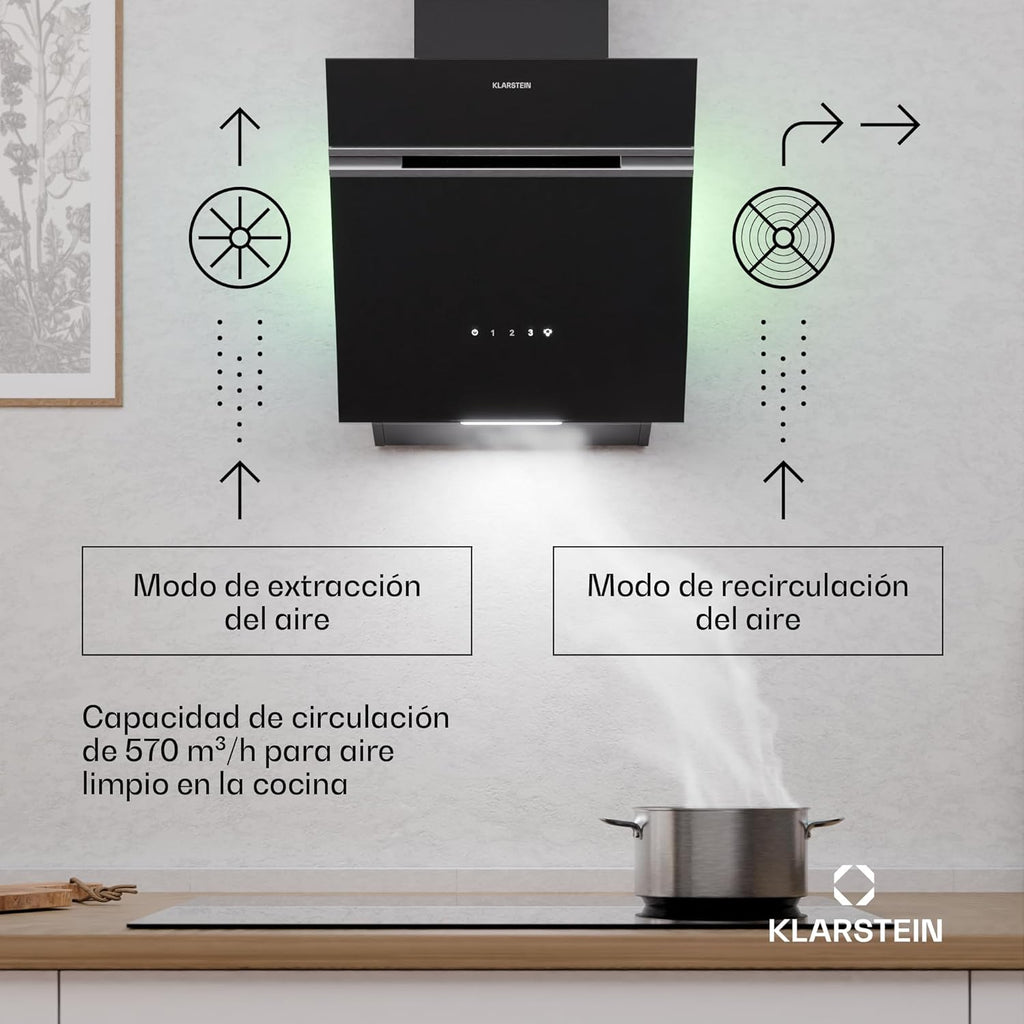 KLARSTEIN Alina Campana Extractora - 570 m³/h, Clase A, LED, 54 dB, Recirculación & Extracción, Campana Cocina Decorativa, Control Táctil, 39.8 cm Ancho, Negro