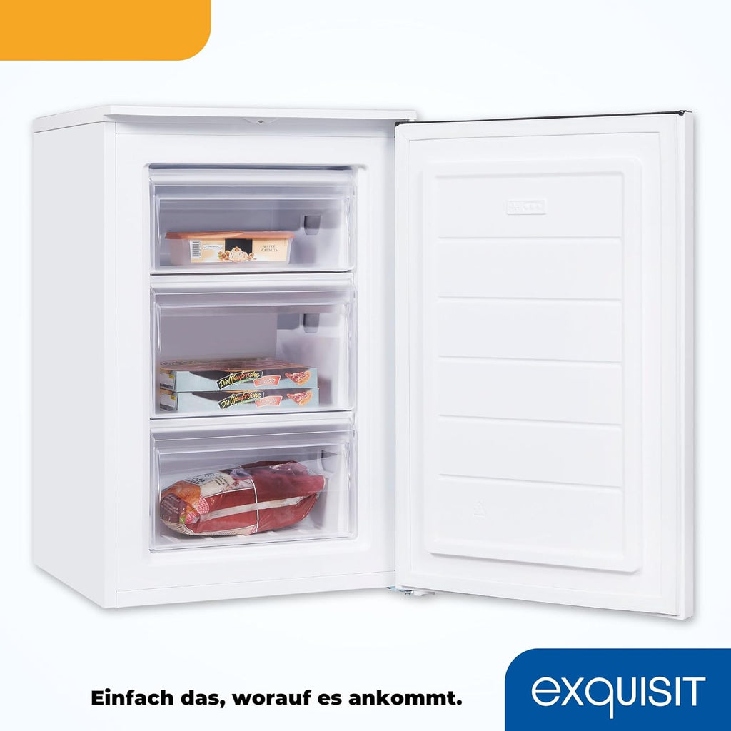Exquisit congelador vertical, 87L, 4 estrellas, clase D, Color blanco, 3 cajones, método descongelación manual, termostato ajustable, puerta reversible, 40 db, consumo 132 kwh/año, 85,5x54,5x58 cm