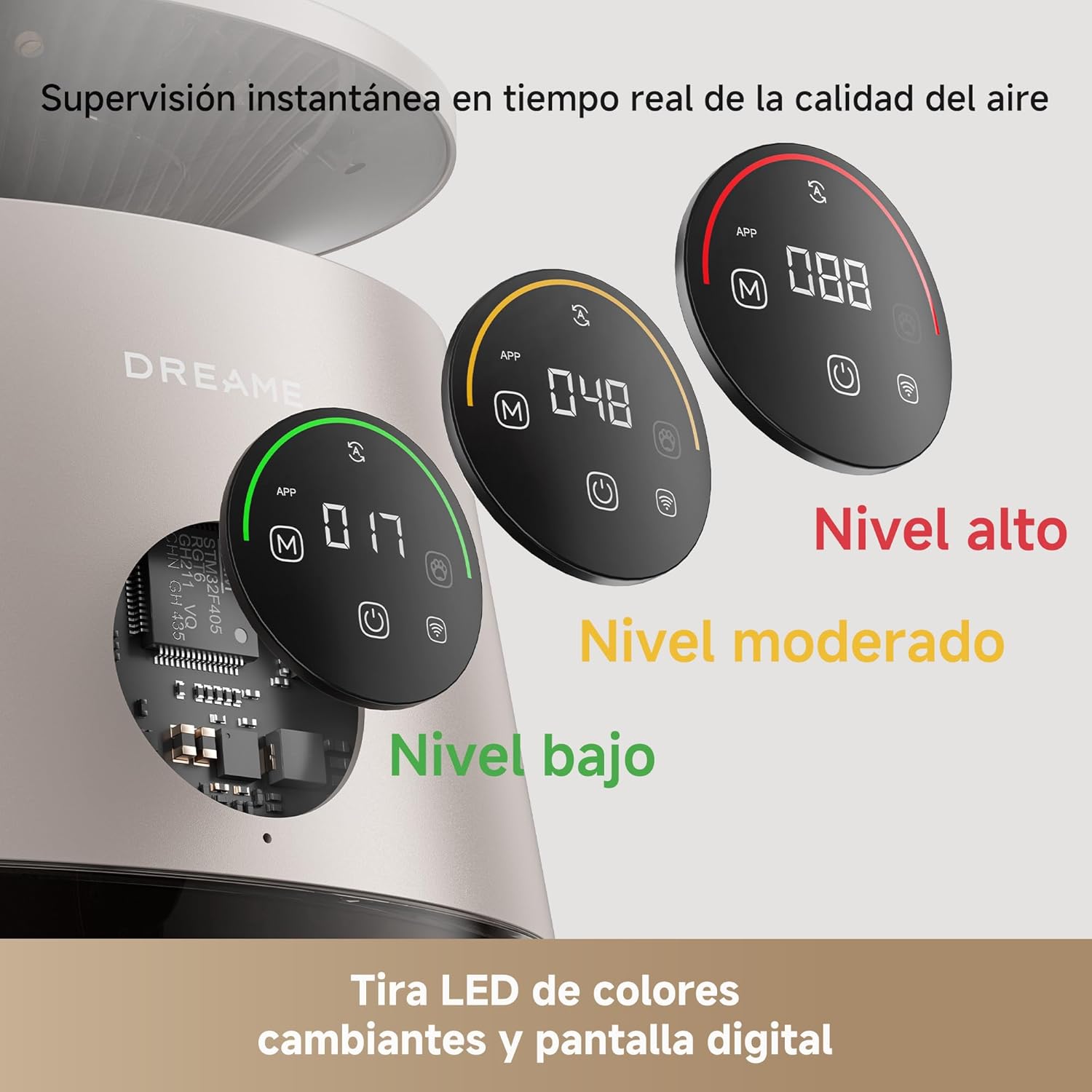 DREAME AP10 Purificador de Aire Para Hogares Con Mascotas, Sistema 360° Alta Presión Negativa, Purificación 5 Etapas Que Captura Pelo y Olores, Transparente, Tapa Curva, Luz Eco, Control Con App