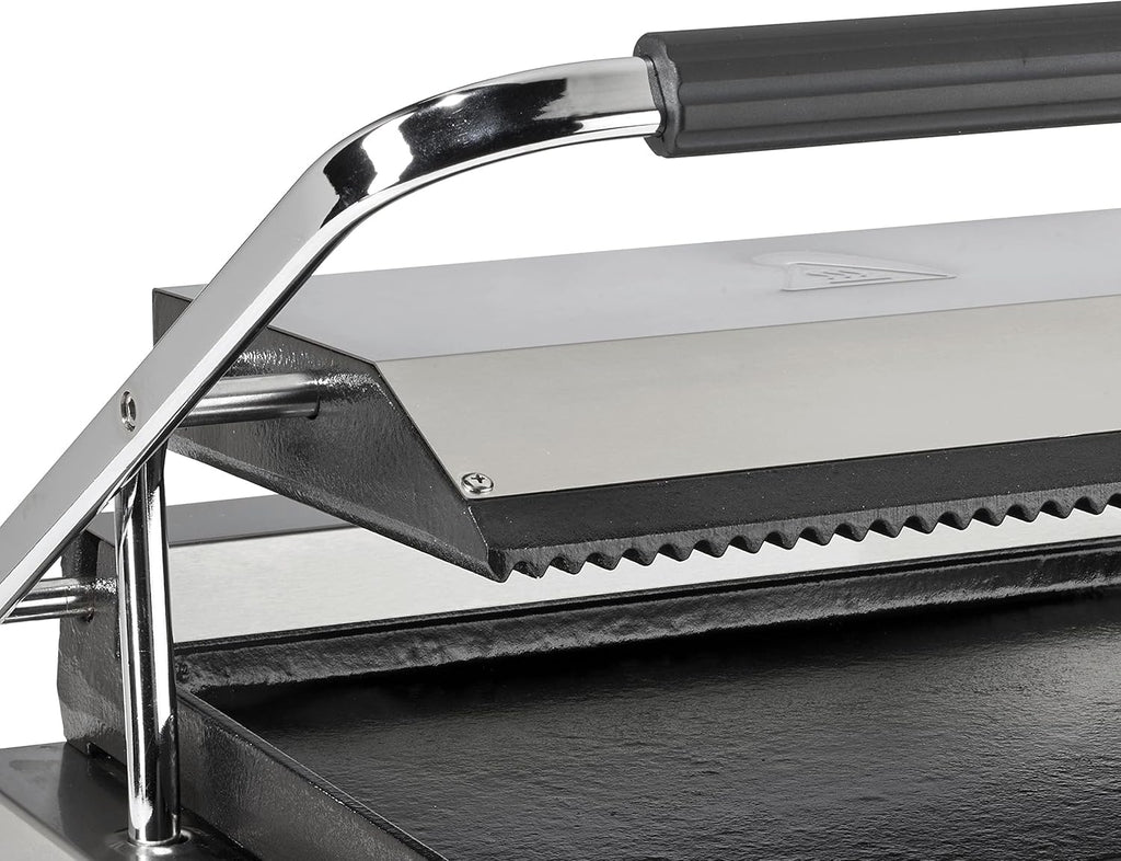 METRO Professional Plancha con Panini grill GPG1202, acero inoxidable, 43 x 36 x 20 cm, temperatura hasta 300°C, 45 paninis cada 60 minutos, plata