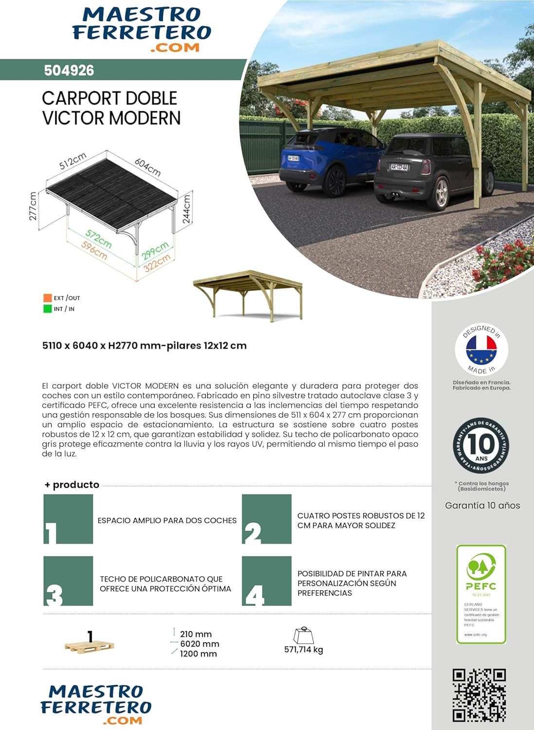 Forest Style - Cochera Doble Victor Modern 30,9 m² (6,02 x 5,11 x 2,52 m) – Madera de Pino Tratada – Techo de Policarbonato – Aparcamiento Cubierto para 2 Coches – Estructura Robusta y Duradera