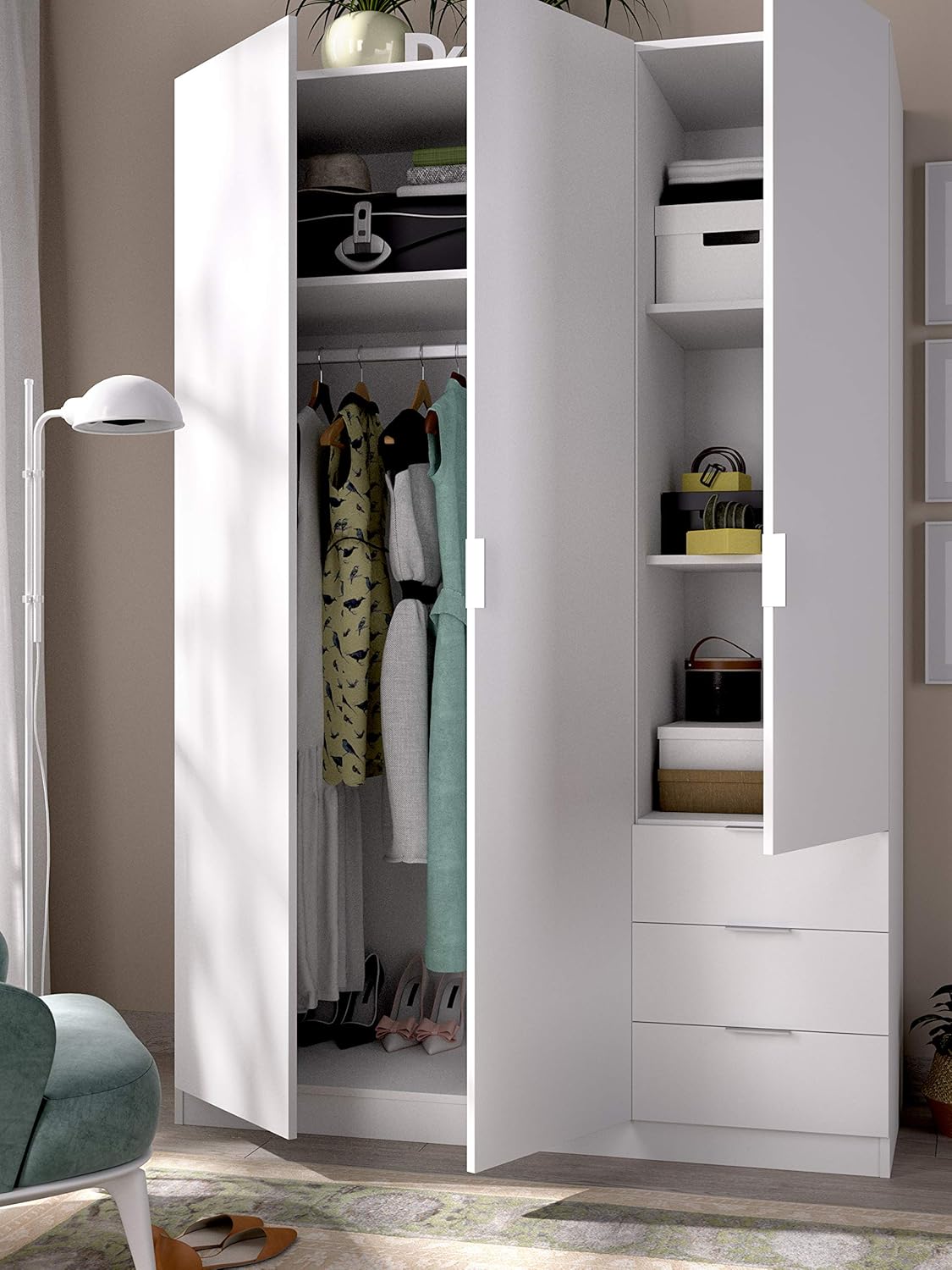 DEKIT GRUPO RIMOBEL Armario Ropero 3 Puertas Y 3 Cajones - Blanco - 121X184X52 Cm