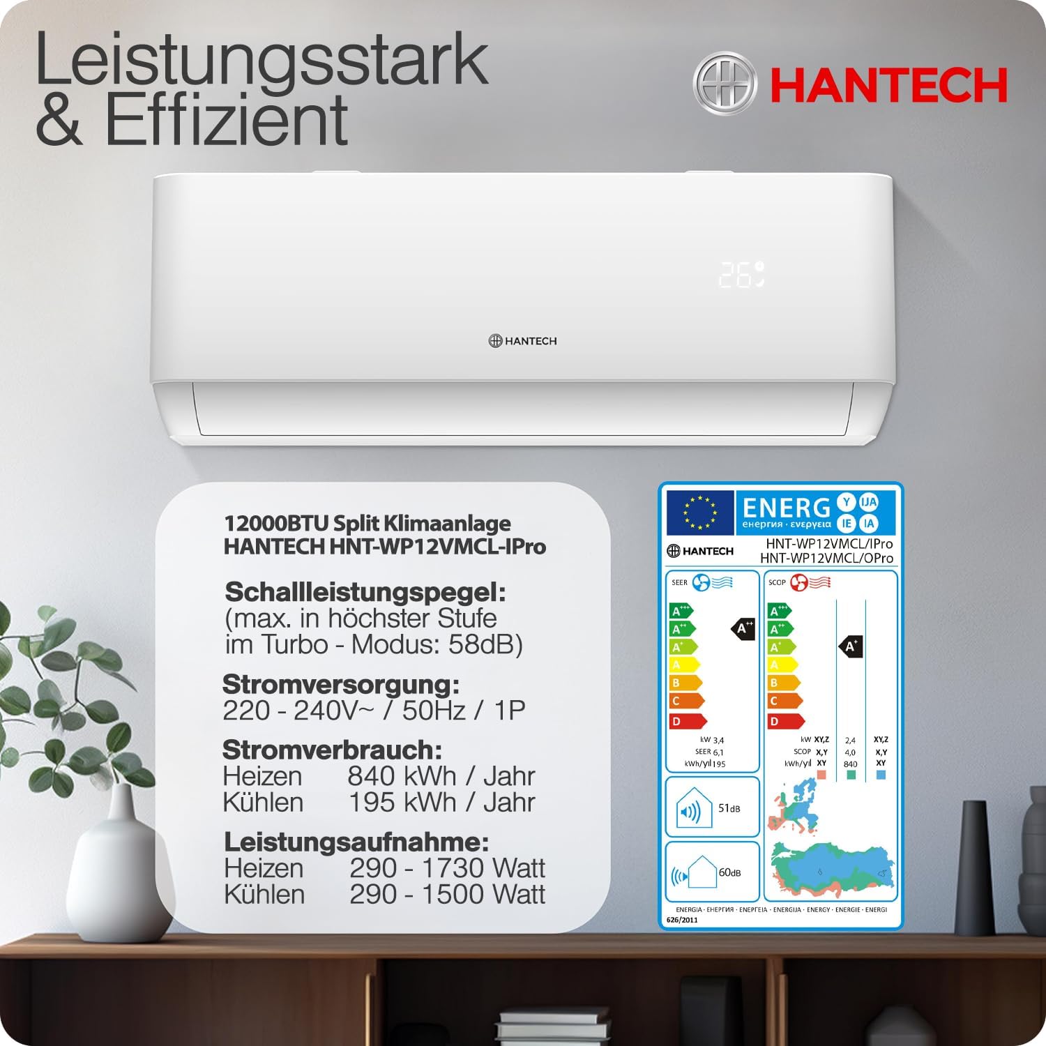 HANTECH Split aire acondicionado 12000 BTU H-PRO función de calefacción y refrigeración, filtro de aire, WIFI, material de montaje