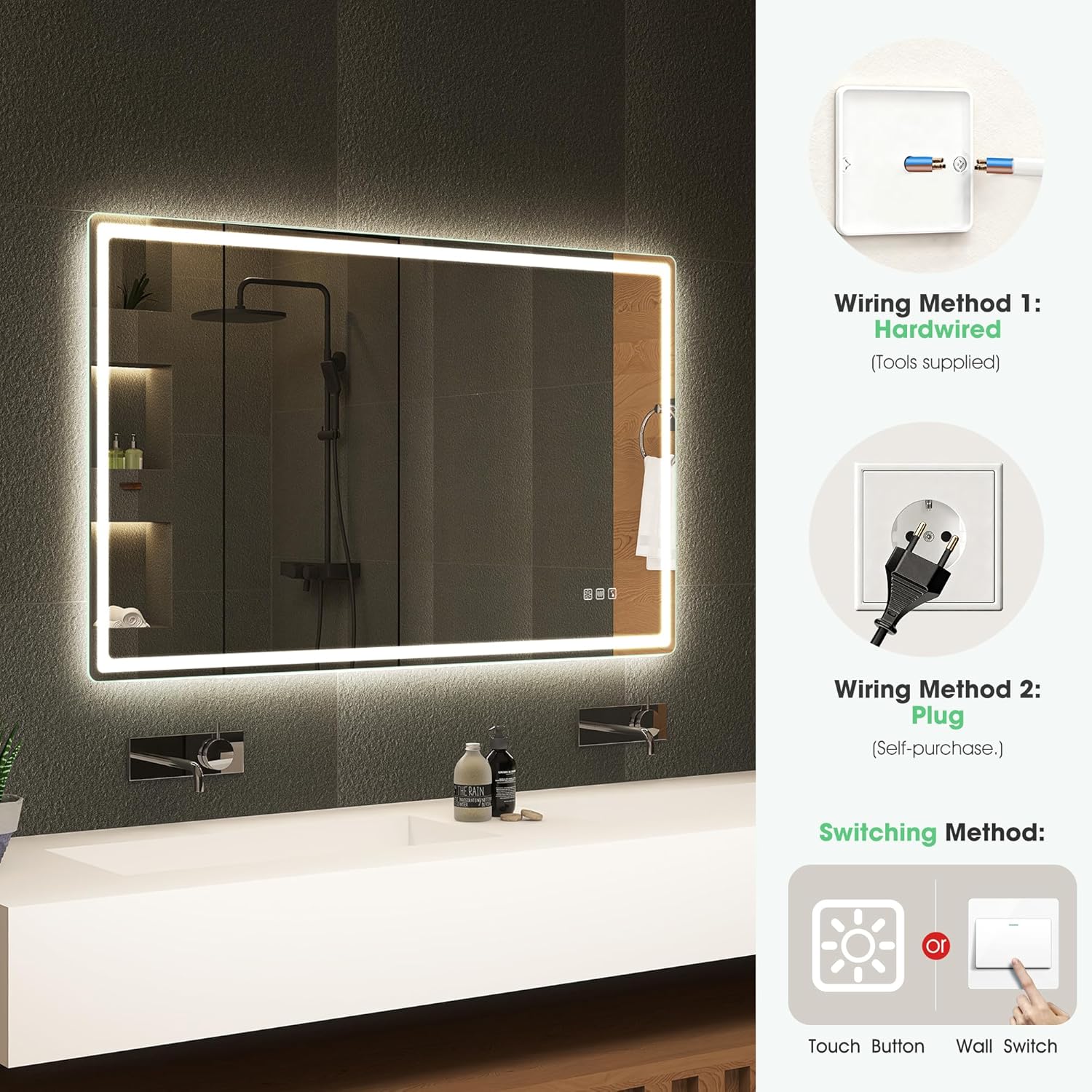 S'bagno Espejo-Baño-con-Luz 120x70cm, Espejo-Baño-LED-Bluetooth con Función Antivaho, 3000K/4000K/6500K, Regulable, Memoria, Cristal Templado HD, IP44-Espejos-de-Baño-con-LED, Horizontal/Vertical