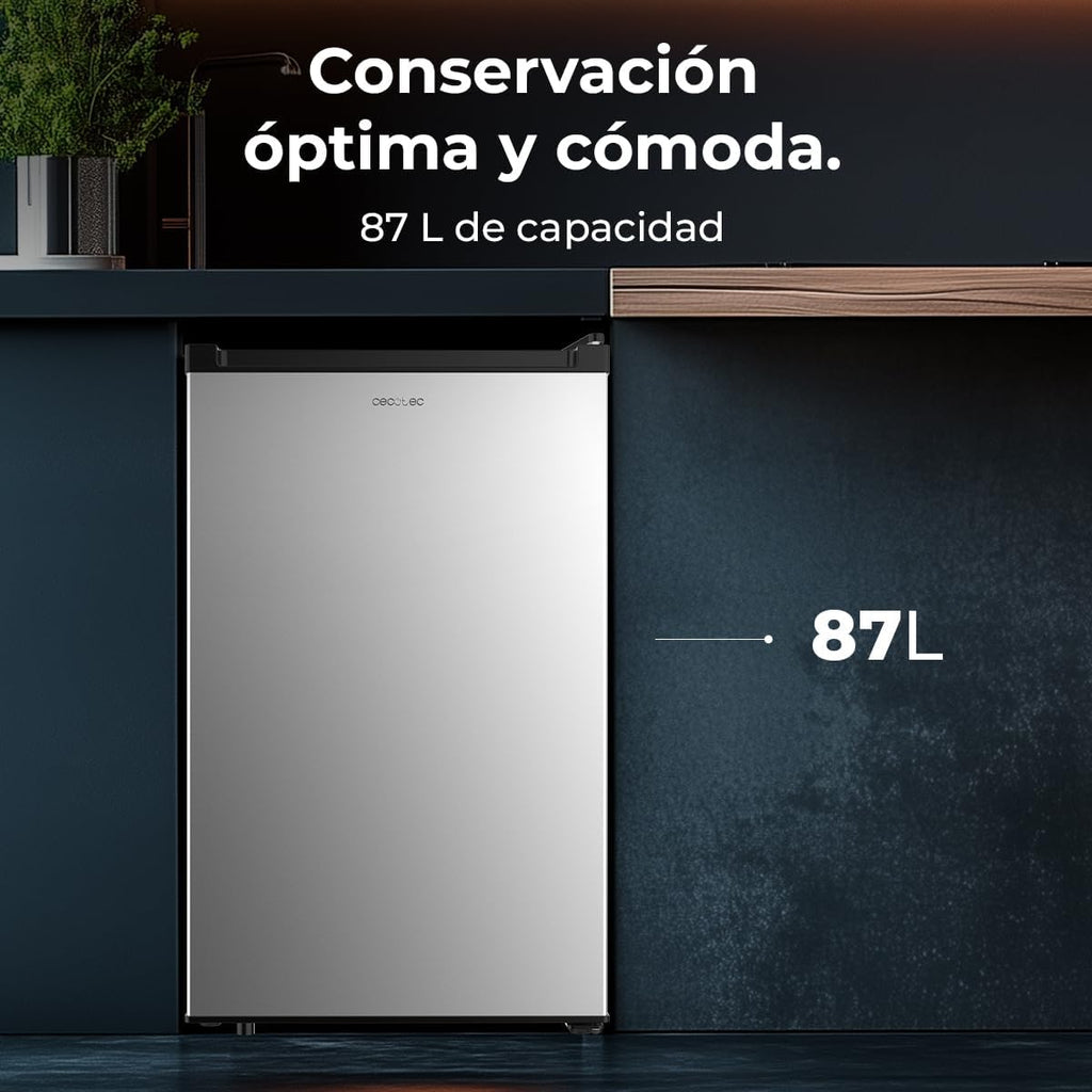 Cecotec Congelador Vertical Sobremesa 87L Bolero CoolMarket TF 87 Inox. 83,6 cm de Altura y 50,6 cm de Ancho, Bajo Consumo, Puerta Plana y Reversible, Diseño Compacto, Blanco