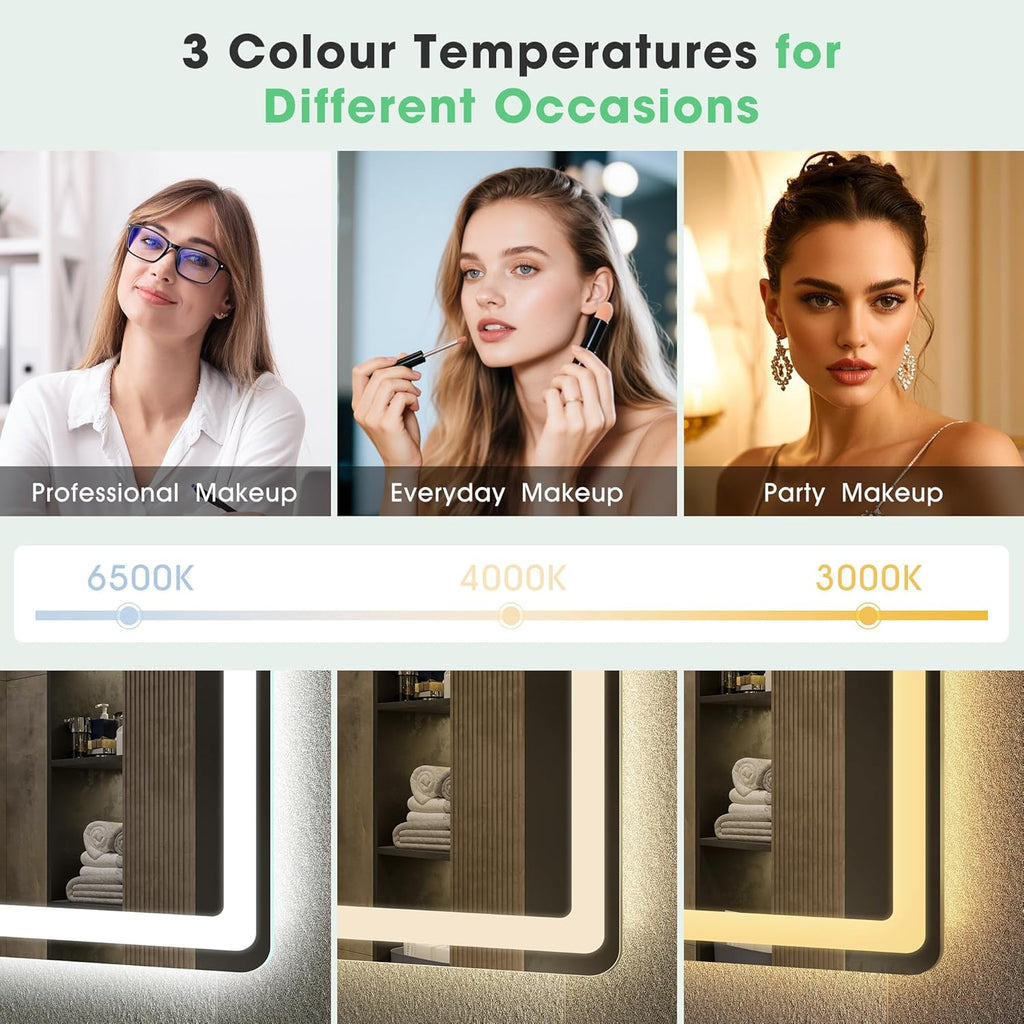S'bagno Espejo-Baño-con-Luz 120x70cm, Espejo-Baño-LED-Bluetooth con Función Antivaho, 3000K/4000K/6500K, Regulable, Memoria, Cristal Templado HD, IP44-Espejos-de-Baño-con-LED, Horizontal/Vertical