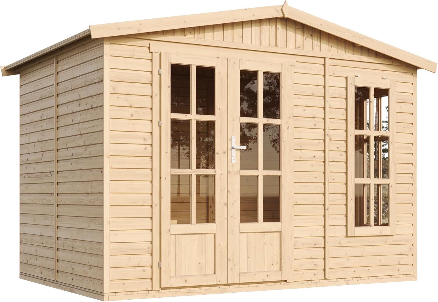 TIMBELA Caseta de jardín de Madera de 6 m2 - Cobertizo Jardin Exterior con Suelo, Ventana, Puerta Doble - Cabaña de jardín para Trabajar en casa - con Tejas bituminosas Verde M334FB+H334FBGREEN