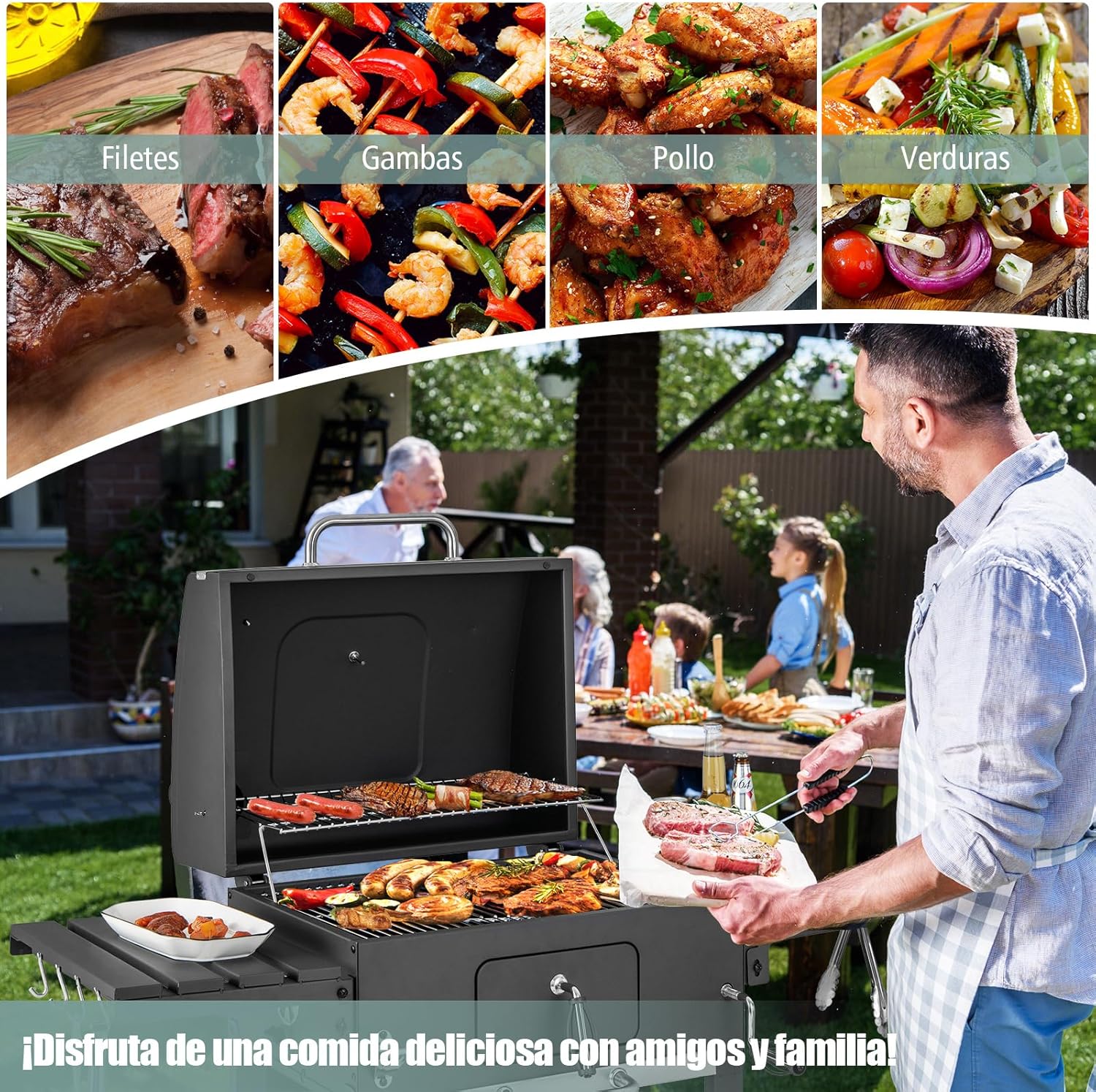COSTWAY Barbacoa Carbon XXL, Barbacoa Portatil 128 x 54x 117 cm, Tapa, Termómetro, 2 Mesas Laterales Plegables, 8 Ganchos, 2 Ruedas y Abridor de Botellas