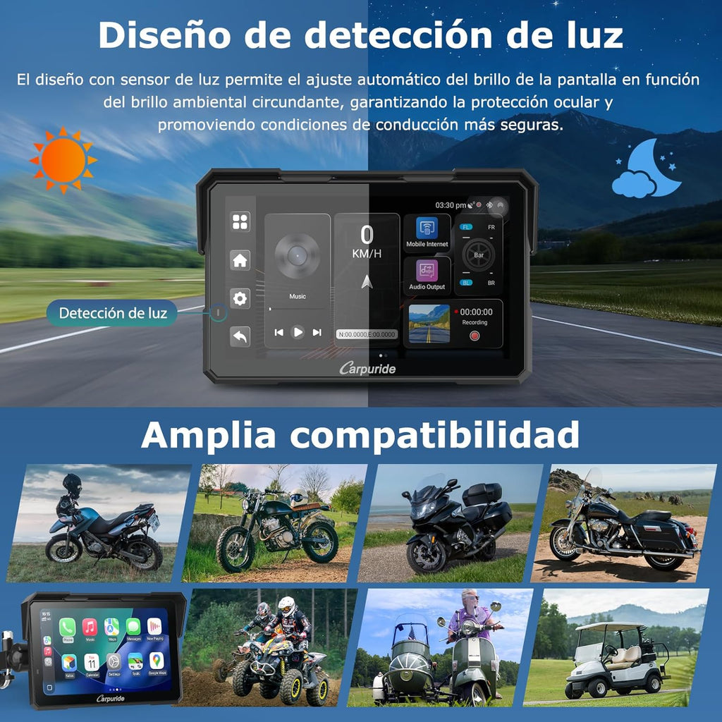 Carpuride W702 Plus Android 14 Motocicleta Carplay Pantalla con Doble Cámara, CarPlay y Android Auto Inalámbricos,7" Pantalla Táctil Impermeable, Audio BT,Grabación Bucle, Navegación Online y Offline.