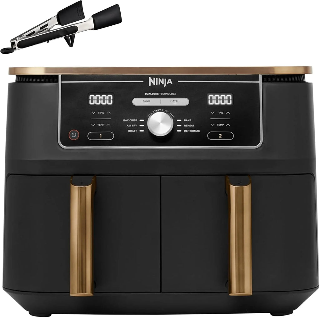 Ninja Foodi MAX Dual Compartment Air Fryer, 9.6L, 6-in-1, No Oil, Max Crisp, Roast, Bake and More, Tongs, 8 Servings, Non-Stick Baskets, Copper & Black, AF400EUCP