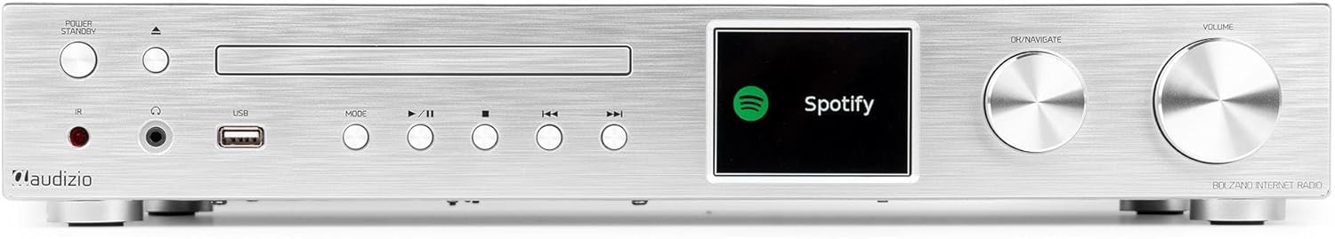 Audizio Bolzano - Radio Internet Dab+ y FM WLAN Bluetooth, Reproductor CD, Spotify Connect, Despertador, 40.000 emisoras, Mando a Distancia y Control por App, conexión Toslink y subwoofer, Plateada