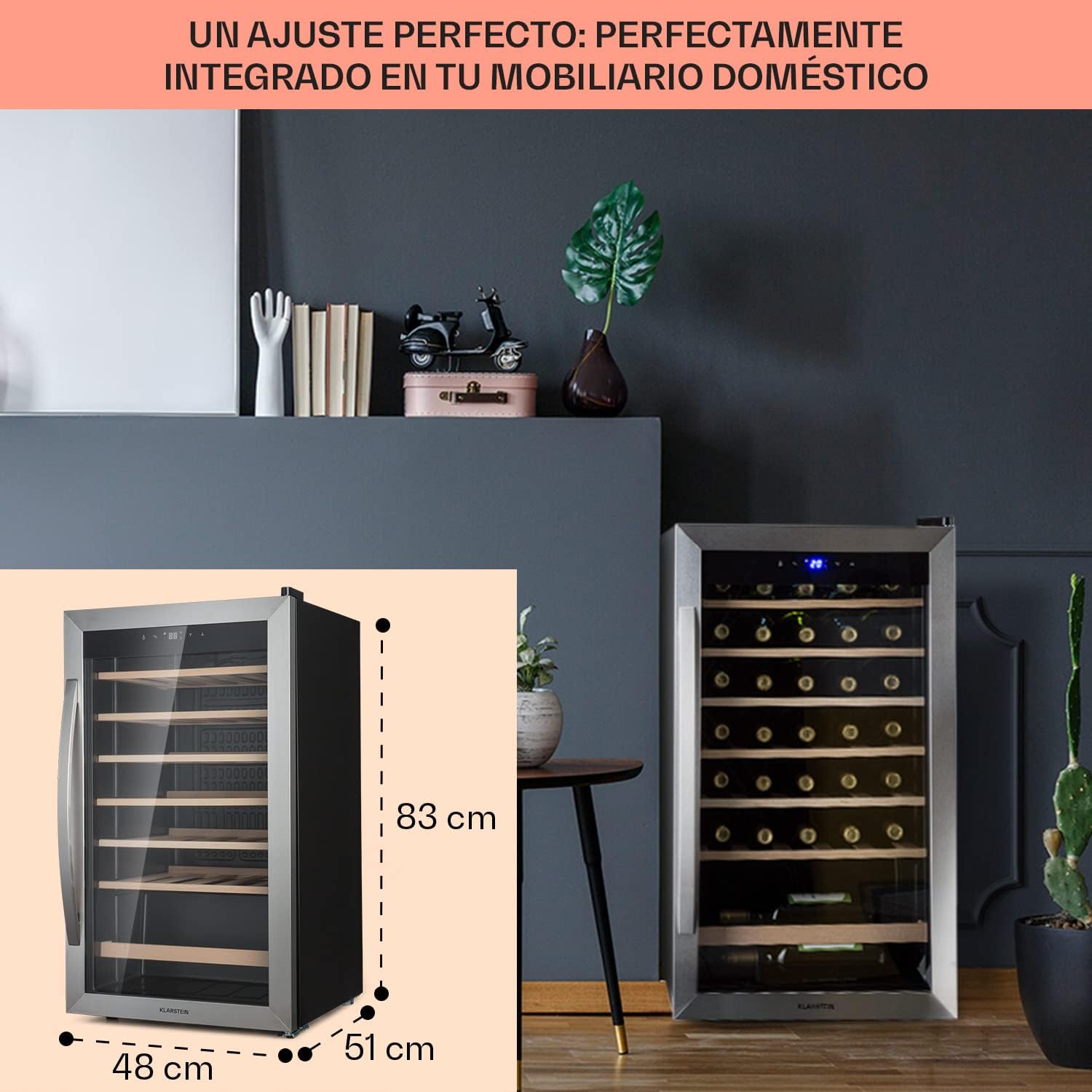 Klarstein Vinoteca 36 Botellas, Nevera Vinos, Una Zona de Refrigeración, Nevera Expositora Vino y Cerveza, Vinoteca Interior y Exterior con Puerta de Cristal, Nevera Vino con Protección UV, 4-18°C
