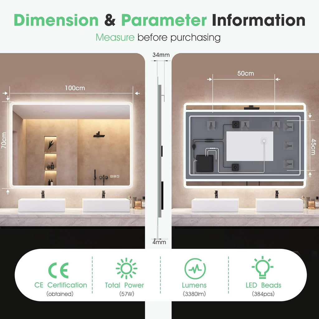 S'bagno Espejo-Baño-con-Luz 100x70cm, Espejo-Baño-Led-Bluetooth, Antivaho, 3 Colores, Regulable, Memoria, Vidrio Templado HD, Resistente Al Agua IP44, Vertical/Horizontal