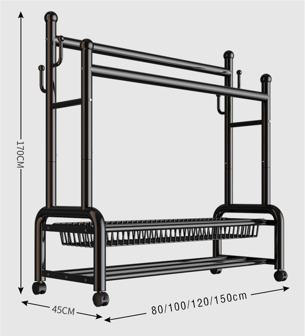 Perchero De Metal con Ruedas, Perchero de Acero Al Carbono con 2 Almacenamiento De Rack Y 2 Rieles De Ropa, Extraíble