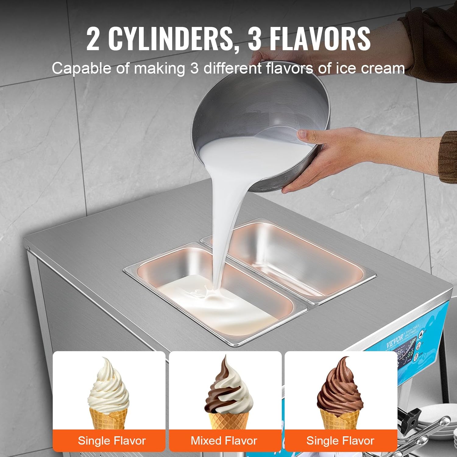 VEVOR Máquina de Helados Comercial 21-31 L/h 1500 W 3 Sabores Máquina para Hacer Helados 2 Tolvas de 5,5 L Independiente Pre-Refrigeración Limpieza Automática para Restaurante Bar Mercado Tienda