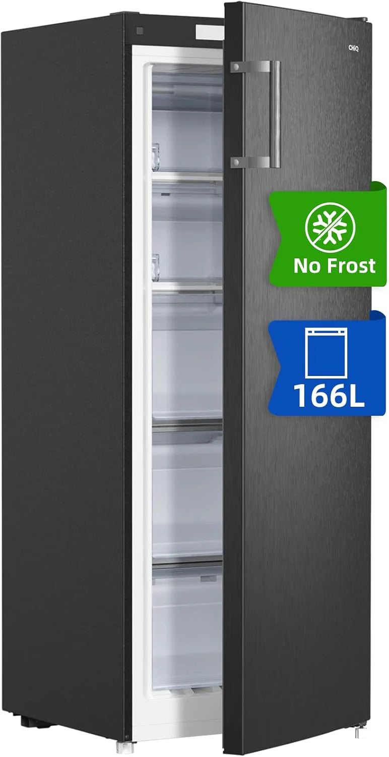 CHiQ Freestanding Upright Freezer, 145L Capacity, Quick Freeze, Adjustable Thermostat, Quiet, Reversible Door, Black, Energy Rating E