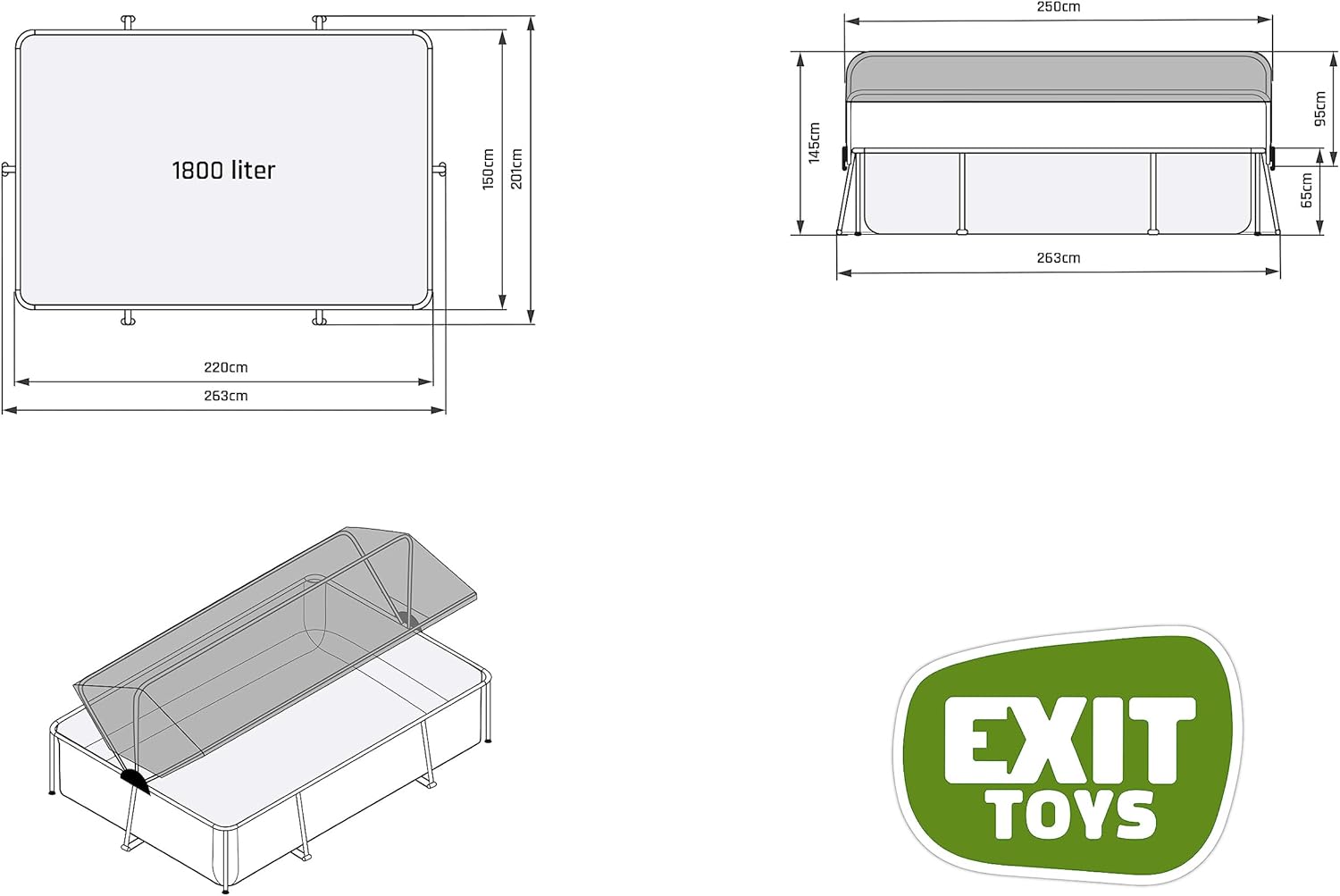 EXIT Toys Wood Pool con Toldo Solar - 220x150x65cm - Piscina de Marco Rectangular Compacta con Bomba de Filtro de Cartucho - Protección UV Óptima - Fácil Acceso - Diseño Único - Marrón
