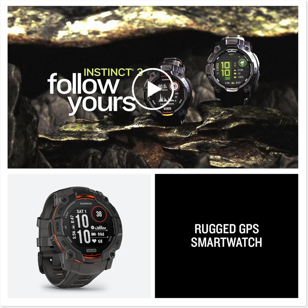 Garmin Instinct 3 GPS 50mm Smartwatch, Solar, Black Bezel