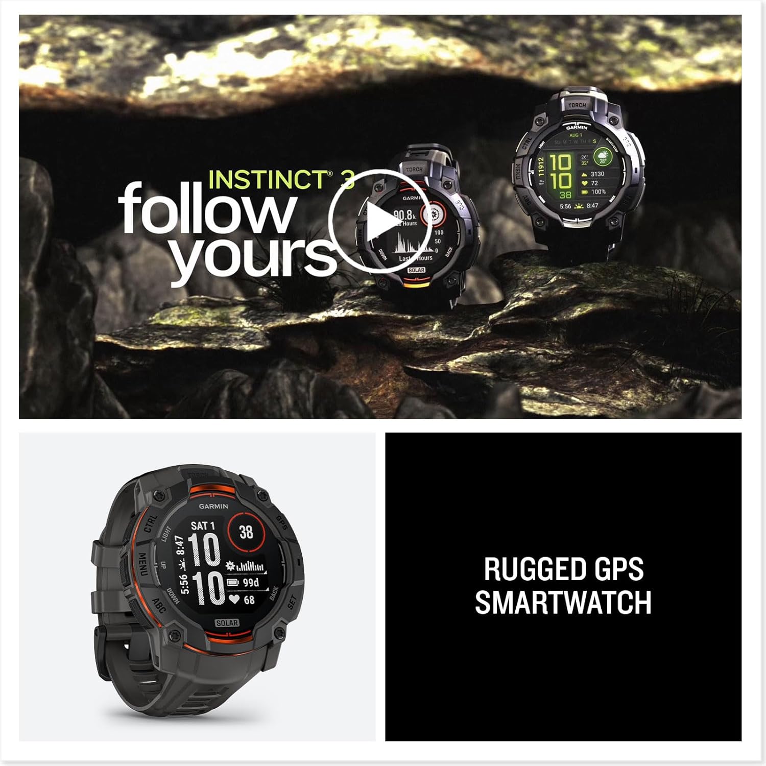 Garmin Instinct 3 GPS 50mm Smartwatch, Solar, Black Bezel
