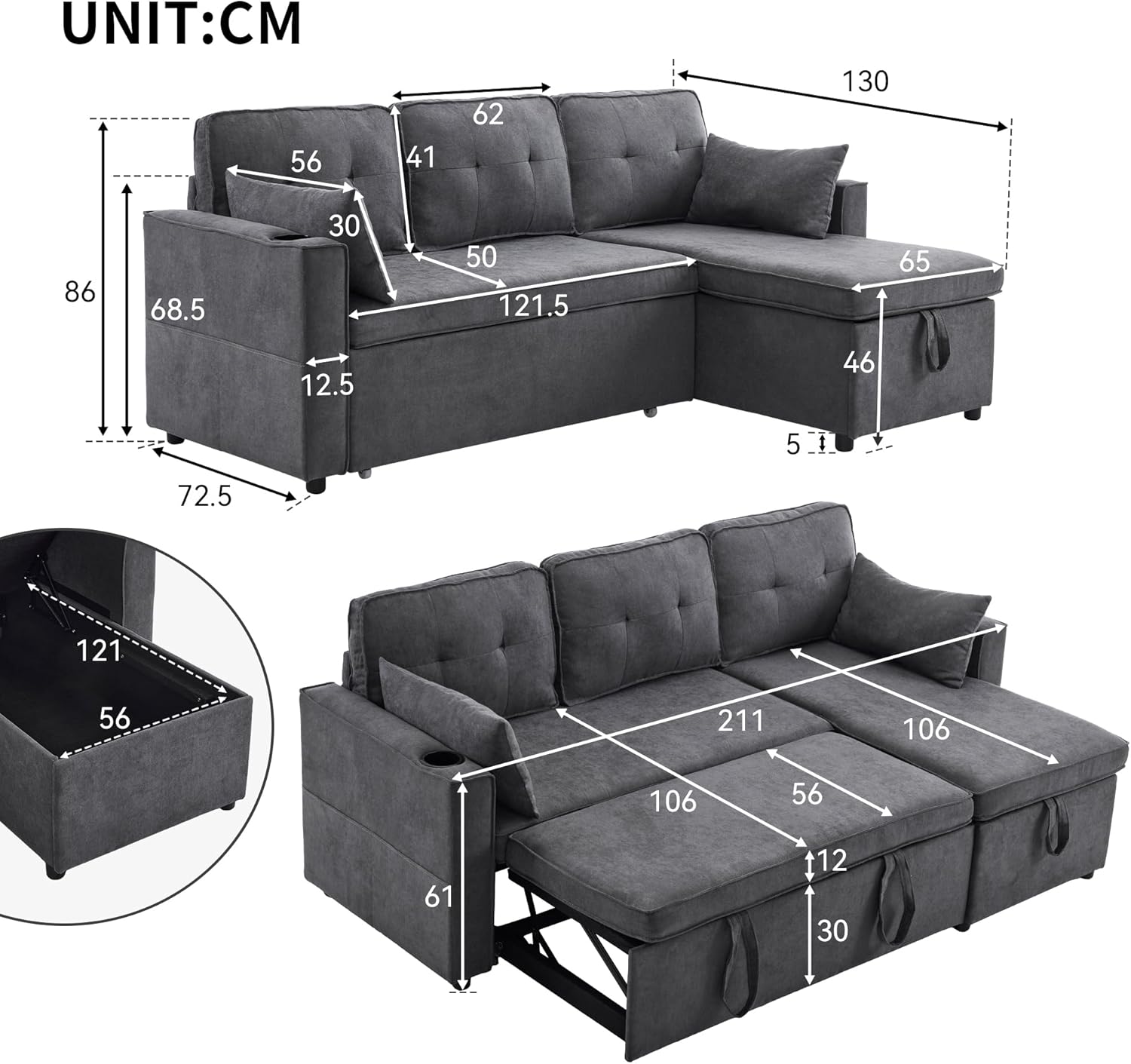 Sofá Cama 3 plazas con Portavasos y Bolsa Pasamanos Lateral, Sofá en Forma de L, Intercambiable a la Derecha y a la Izquierda, Gris