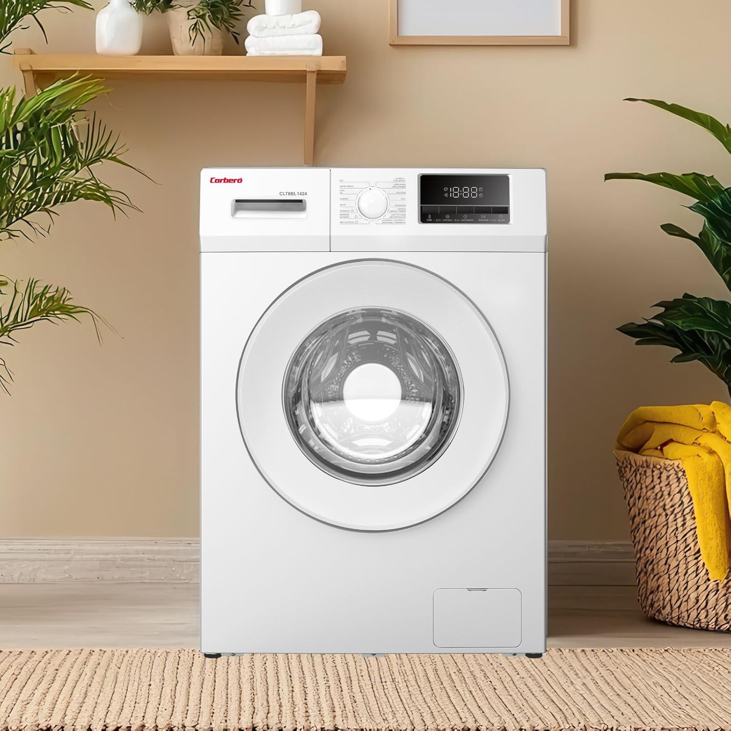 Corberó - Lavadora Carga Frontal Premium 8kg | CLT8BL1424 | 1400 Rpm | Motor Inverter, 16 Programas, Inicio diferido 3-24 Horas, Lavado Rápido de 15-30 Min., Puerta XXL | Blanco