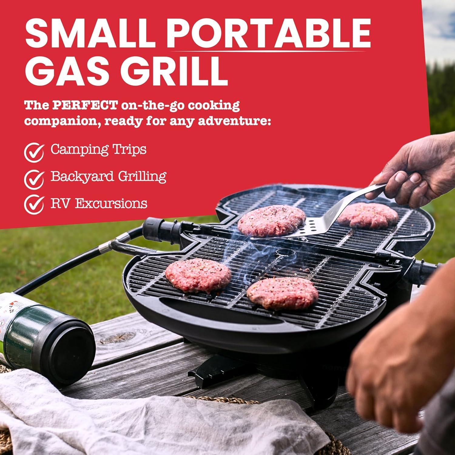 NOMADIQ Parrilla portátil de gas propano | Pequeña, pequeña y ligera barbacoa de mesa | Perfecta para camping, portón trasero, cocina al aire libre, RV, barcos, viajes (parrilla)