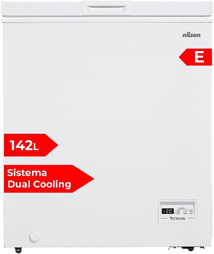 Nilson Congelador Horizontal Blanco NCH1500EDC. Capacidad 142 Litros, Dual Cooling, 4 Star, Modo Super Congelación, Tecnología Cíclica, Puerta Abatible, 1 Cesta, Bajo nivel Sonoro