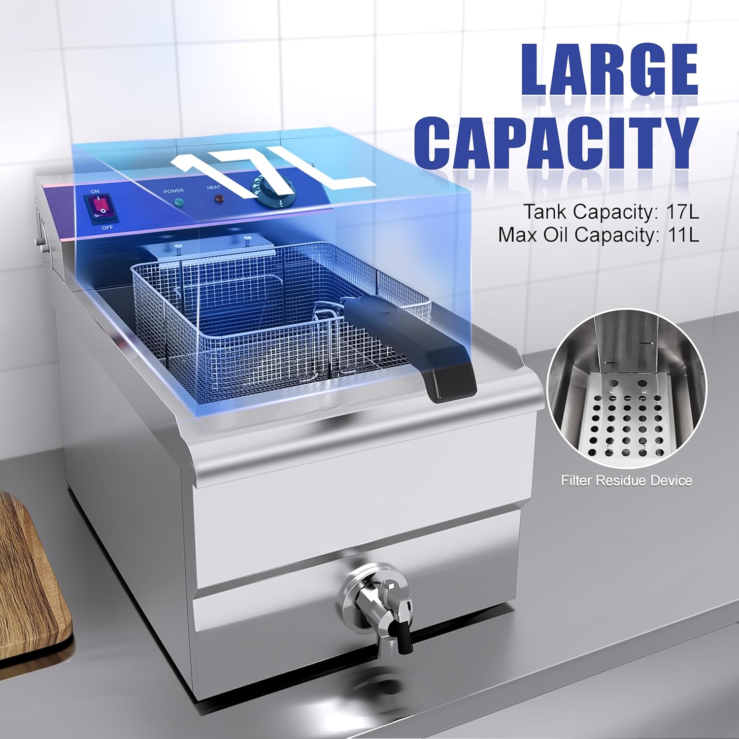 Freidora eléctrica Inox 16L Profesional Comercial, 3000W Acero Inoxidable Freidora con grifo