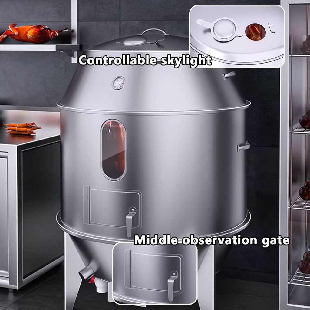 Ahumador Asador Barril Gran Capacidad Fabricado en Acero Inoxidable Totalmente Lavable Horno Circular Colgante De 360° Con Termómetro Y Puerta Central Barbacoa Portatil