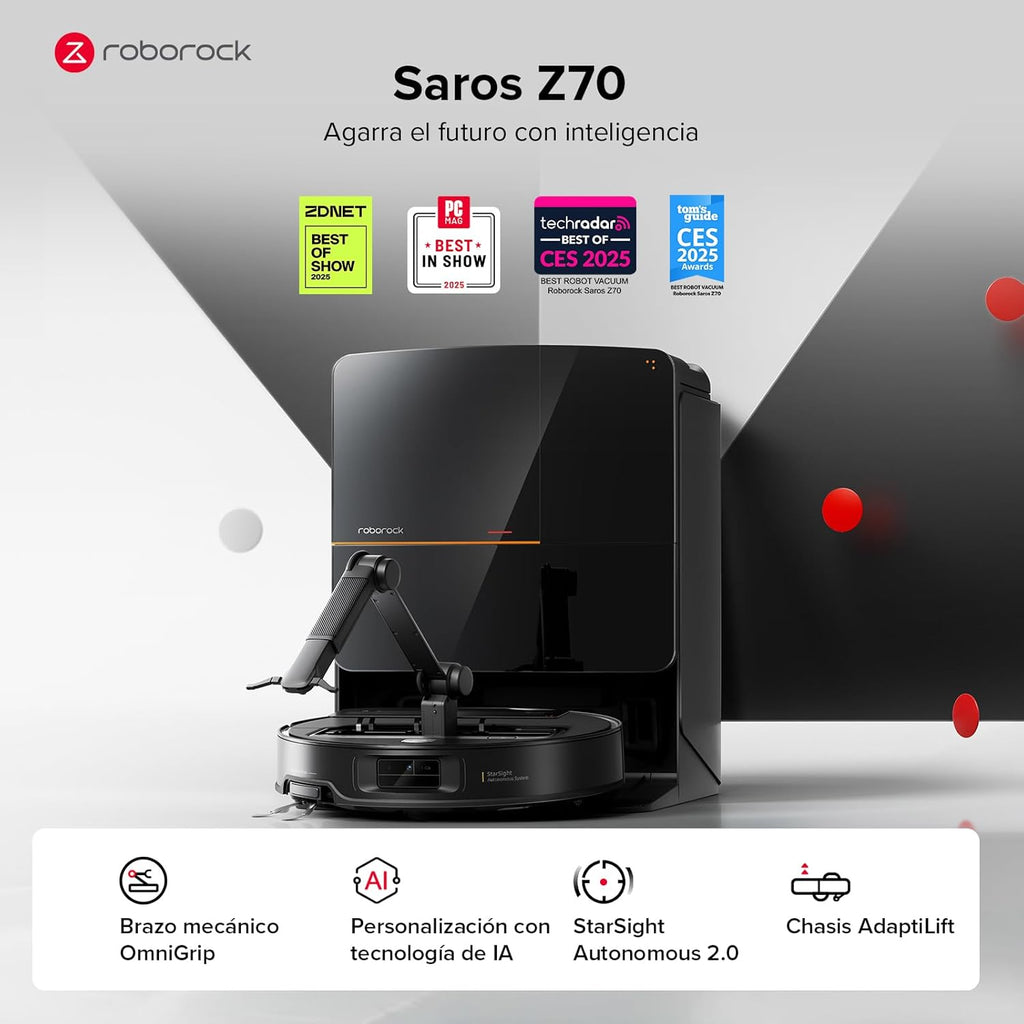 roborock Saros Z70 Robot Aspirador con Brazo Mecánico OmniGrip Plegable de 5 Ejes, Succión de 22000 Pa, Doble Sistema antienredos, Diseño Ultrafino de 7,98 cm y Evitar 108 Tipos de Obustáculos, Negro