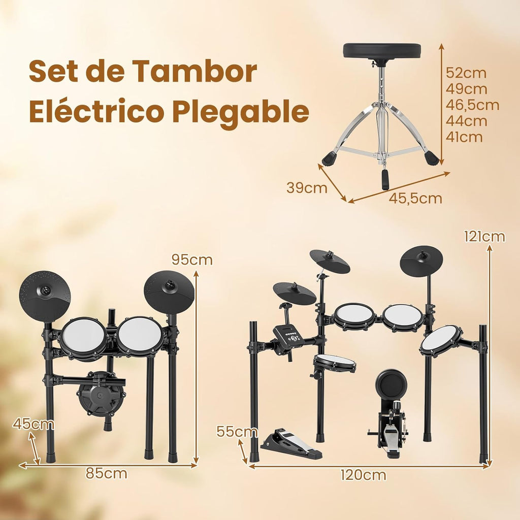 COSTWAY Batería Eléctrica, Kit de Batería Plegable con Pads de Malla Silenciosos, Platillo, 225 Sonidos y 30 Demos, Metrónomo y USB Midi, Bombo, 2 Baquetas, Taburete Ajustable, para Adultos y Niños