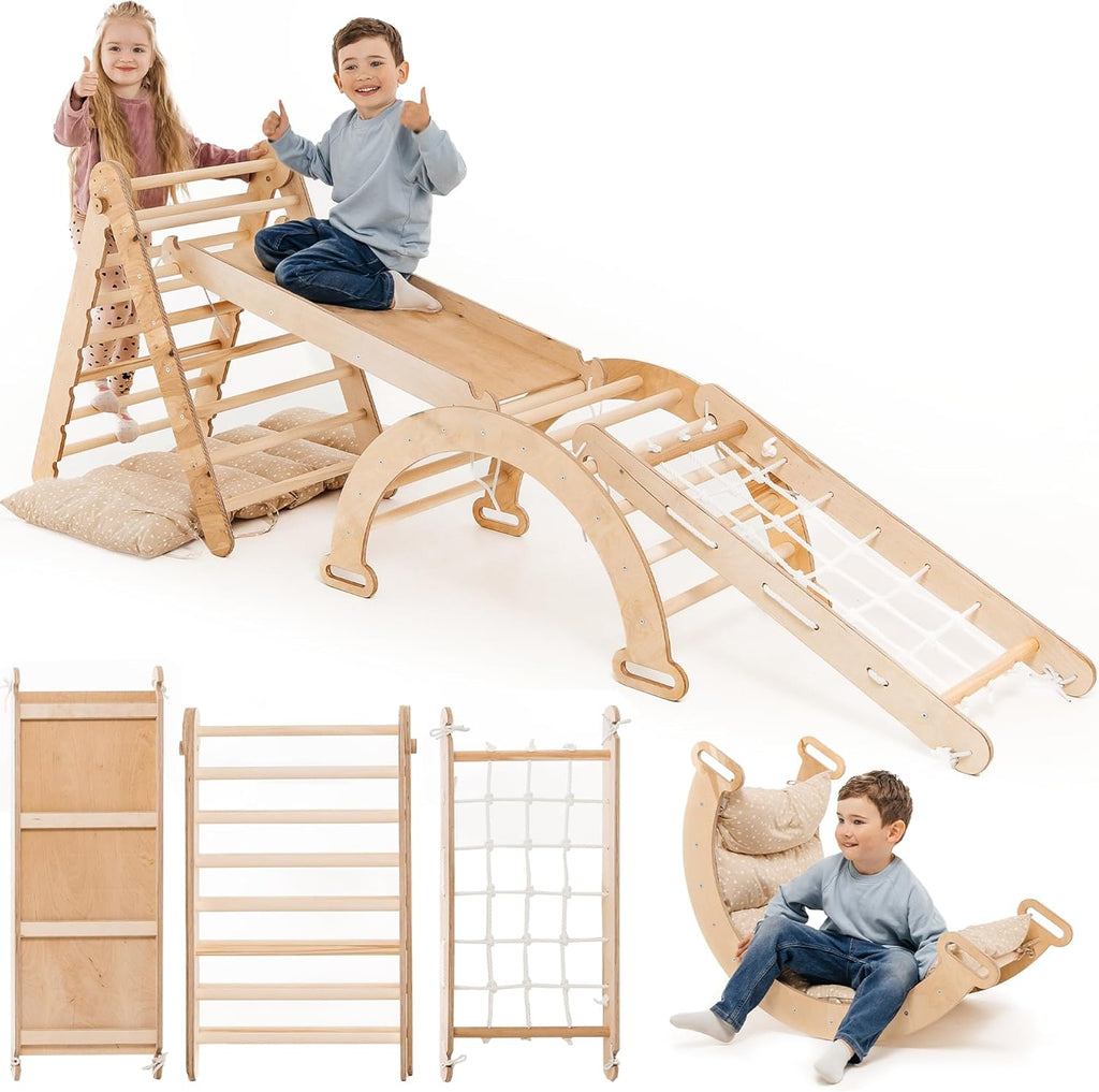 5 en 1 Montessori Juego de Escalada Interior para Niños Pequeños - Gimnasio de Madera para Niños Escalera Triangular & Arco & Rampa de Escalada & Red & Cojín - Gimnasio de Madera para niños pequeños