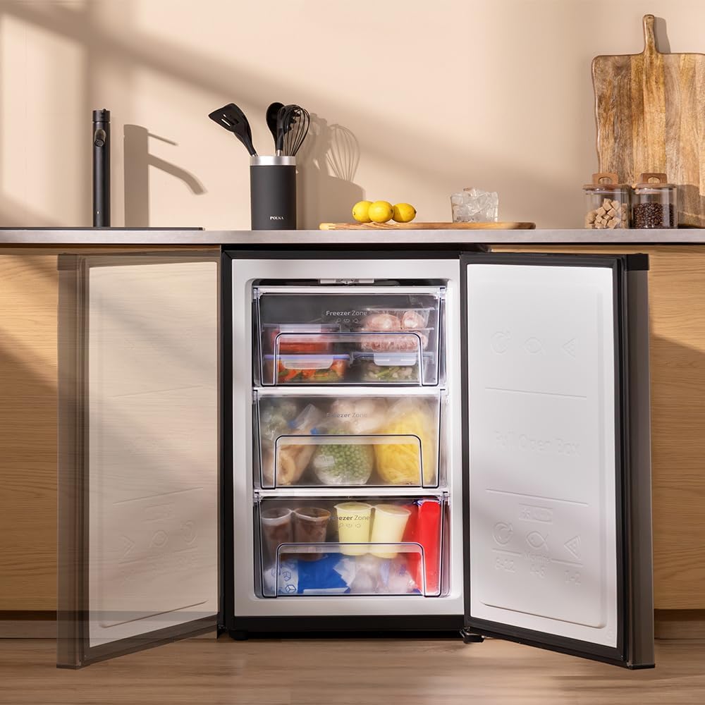 Cecotec Congelador Vertical Sobremesa 97 L Bolero CoolMarket TF 97 Inox, Clase Energética E, Diseño compacto, Puerta reversible, 3 Cajones, Medidas 55,1 x 57,5 x 83,5 cm, Color Inox