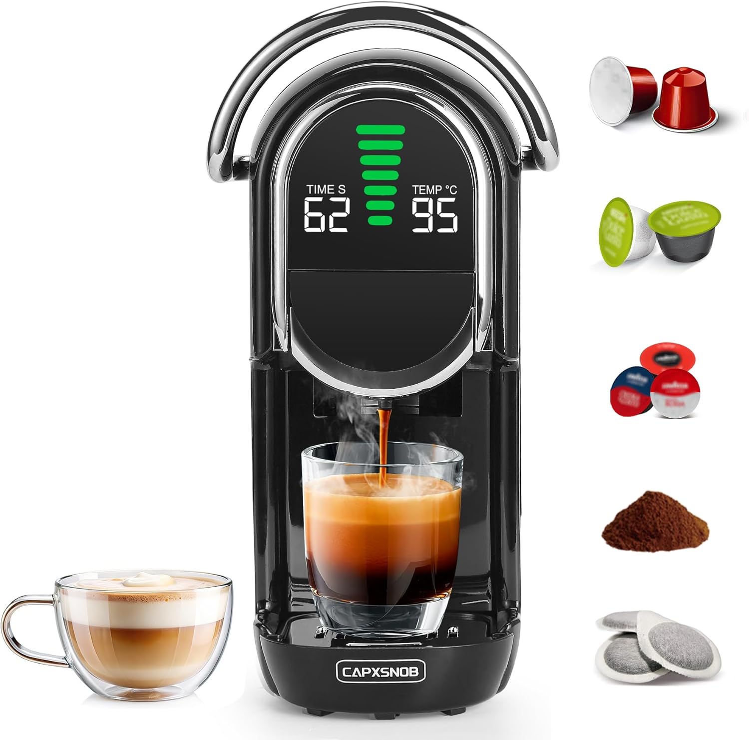 Magician1 Mini Multikapsułkowy Ekspres do kawy 5 w 1, do Nespresso, Dolce Gusto, Lavazza A Modo Mio, Saszetki ESE 44mm i Kawy Mielonej, 20 Barów Włoska Pompa,1450W, Wyświetlacz LED, do Domu i Biura