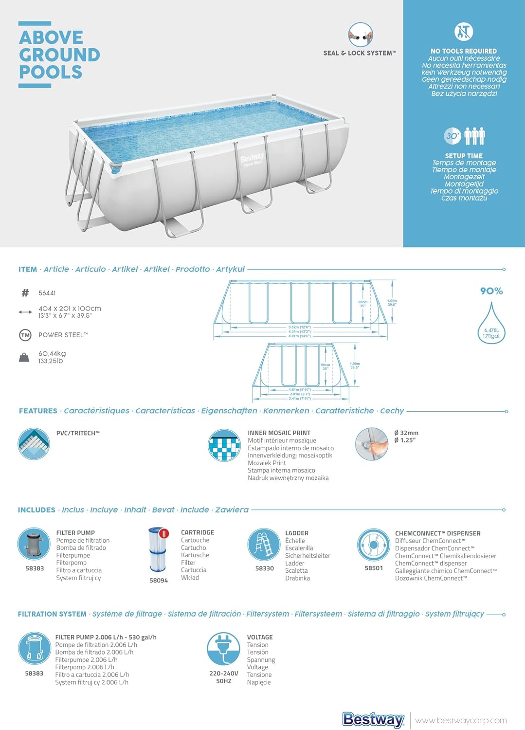 Power Steel™ 13'3" x 6'7" x 39.5"/4.04m x 2.01m x 1.00m Rectangular Pool Set