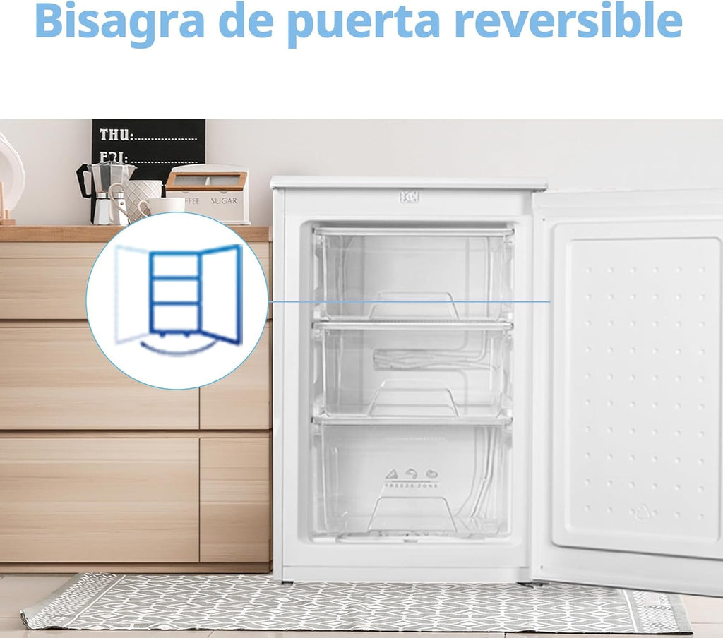 COMFEE' RCU83WH3EU(E) Congelador vertical independiente 88 Litros, 3 cajones, Congelador de gran capacidad, Termostato ajustable, Puerta reversible, Blanco