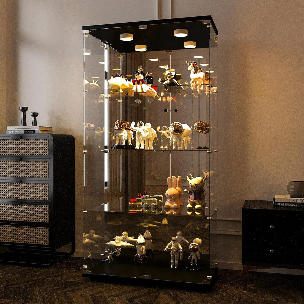 Vitrina Cristal Expositora con Luz, Puerta Cerradura, 4 estantes - Grande Vitrina de Colecciones,Vitrina de pie para Sala Oficina(Espalda Espejo)