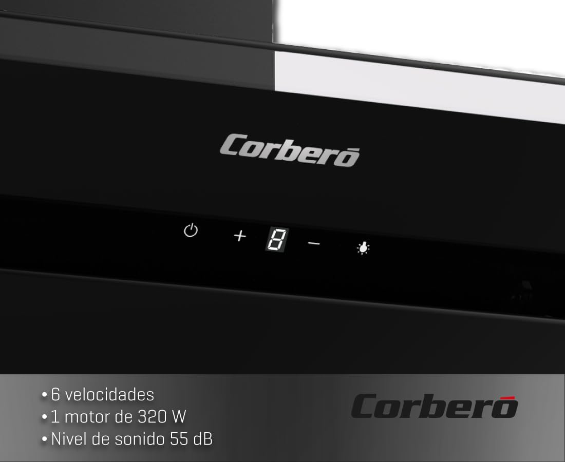 Corberó - Campana Decorativa | NYASA9000B | 90 cm | 3 Velocidades, Control Touch, Caudal 1000 m3/h | Cristal Negro