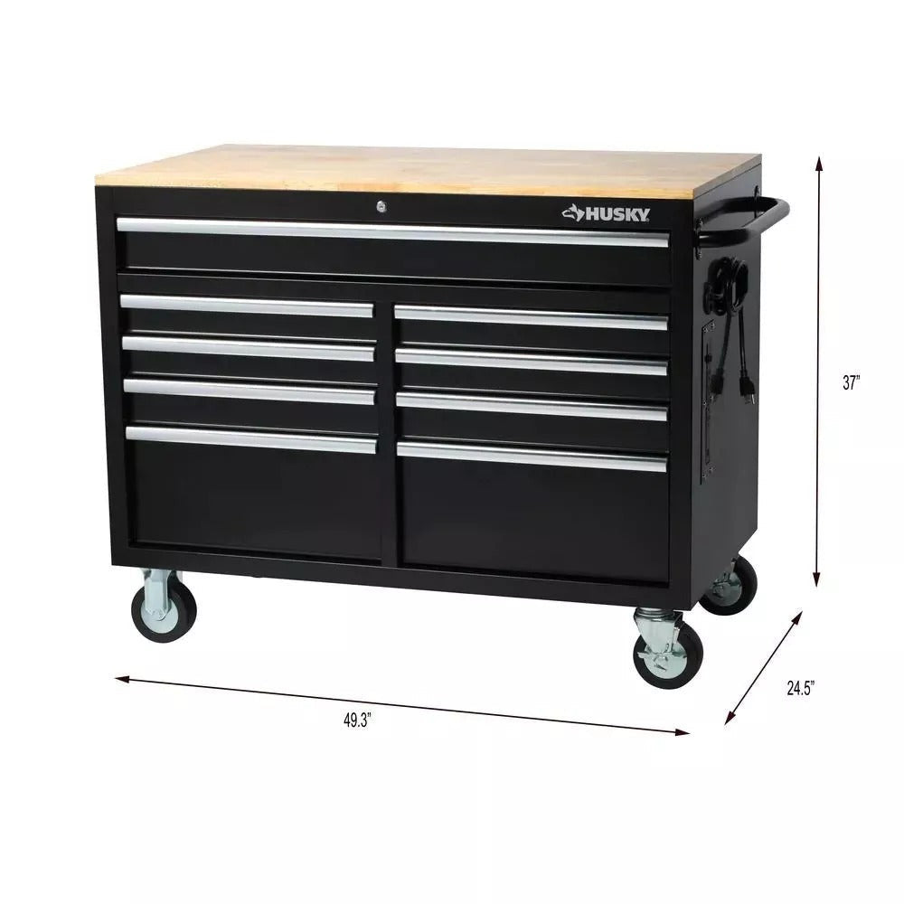 2026 Banco de Trabajo Móvil con Caja de Herramientas de 9 Cajones en Negro Brillante - 46 in. de Ancho x 24 in. de Profundidad