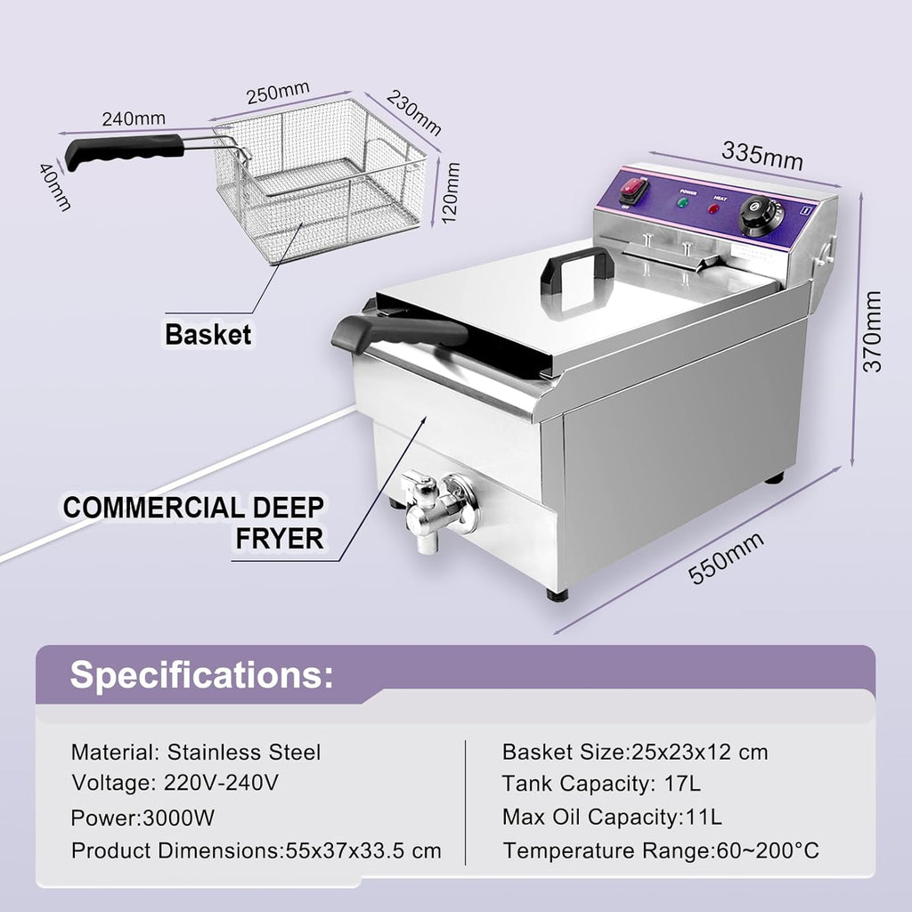 Freidora eléctrica Inox 16L Profesional Comercial, 3000W Acero Inoxidable Freidora con grifo