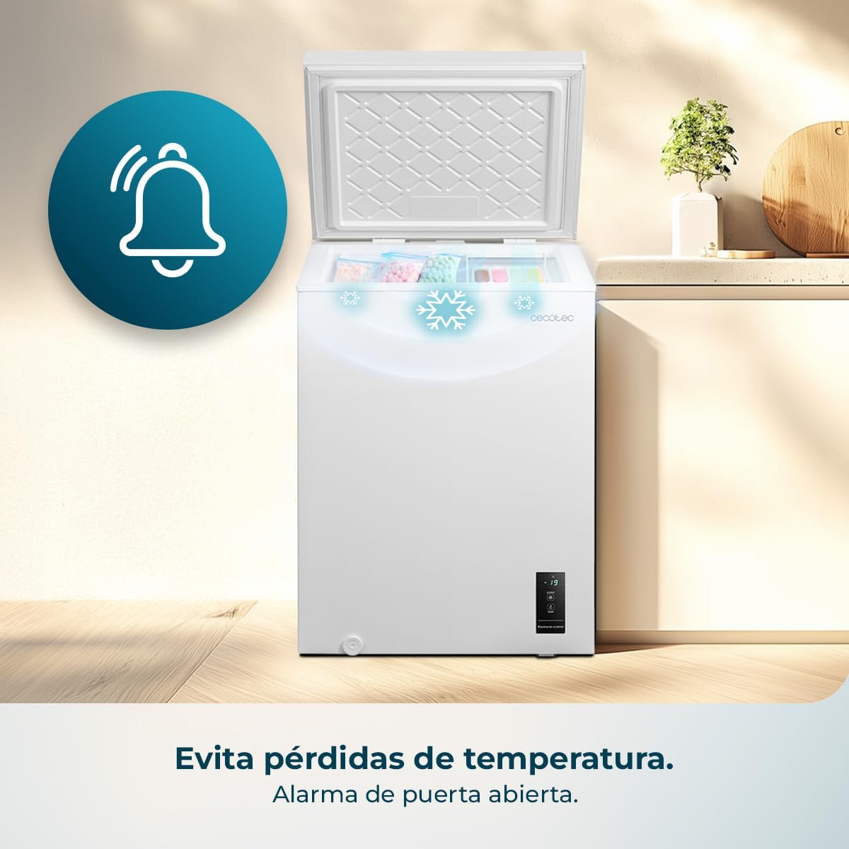 Cecotec Congelador Horizontal 143L Bolero CoolMarket Chest 143P White E. Cesta con Asas, Control Electrónico LED, UltraContact D-Cool, Dual Function, Puerta ZeroG (80º-30º), Fast Freezing, Compacto