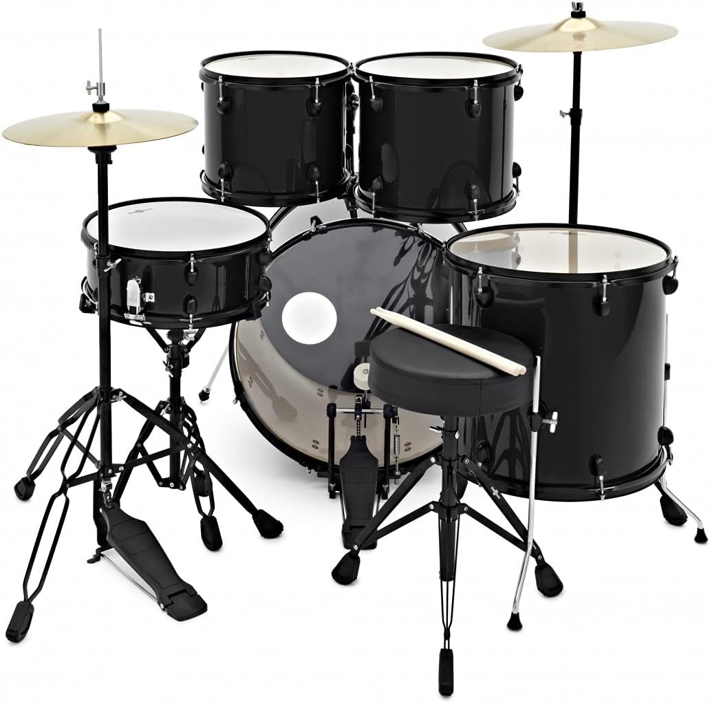 Gear4music BDK-1 Kit de Batería Compacta Completa para Principiantes - Batería Acústica de 5 Piezas, Platillos, Pedal de Bombo, Sillín y Baquetas - Negro