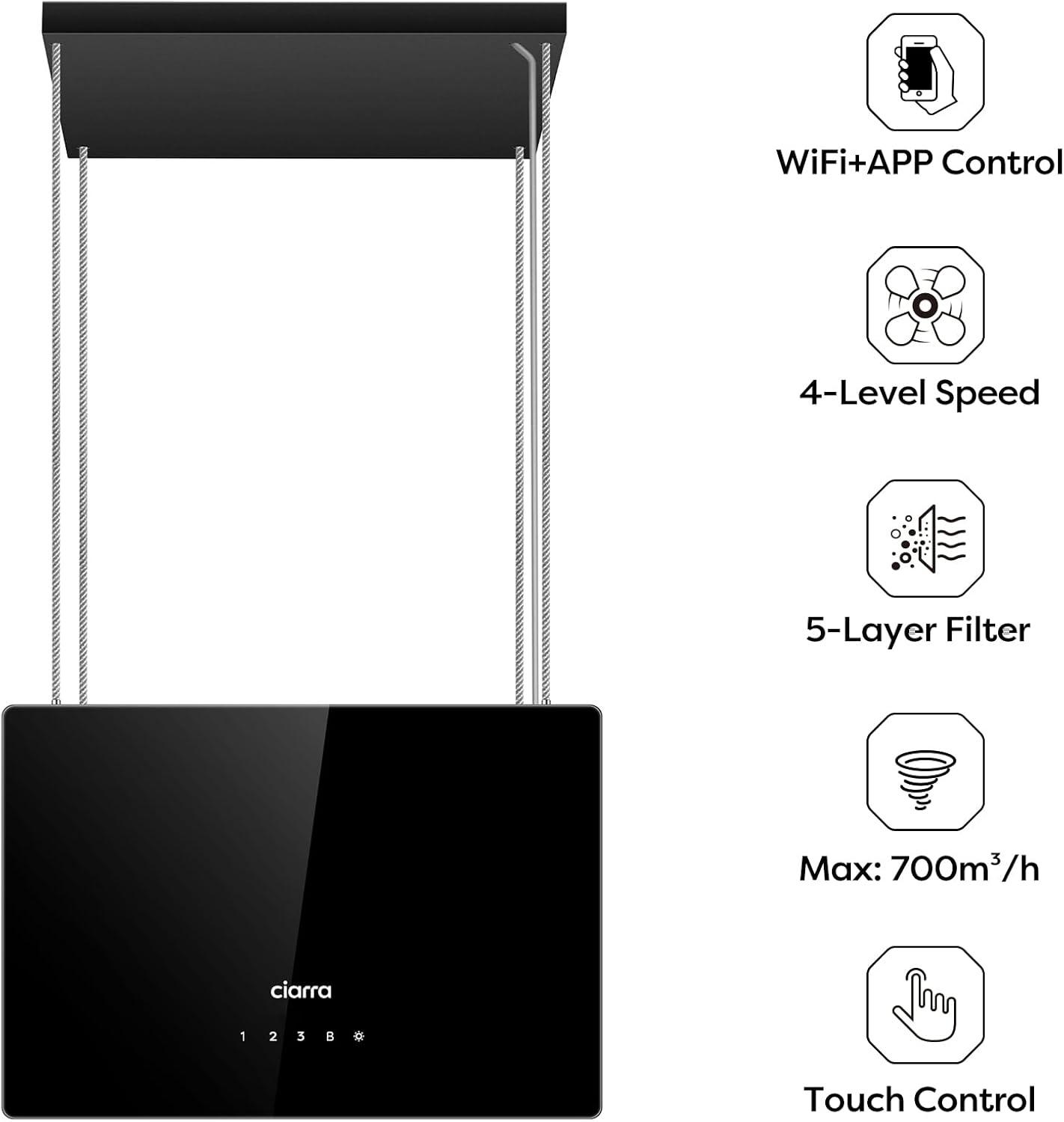 CIARRA CBCB4850 Campana Extractora en Isla sin Salida de Humos Clase A+++ 48cm 700m³/ h WiFi y Control Táctil Filtro de Carbón Incluido 4 Velocidades 2 Luces LED Negro